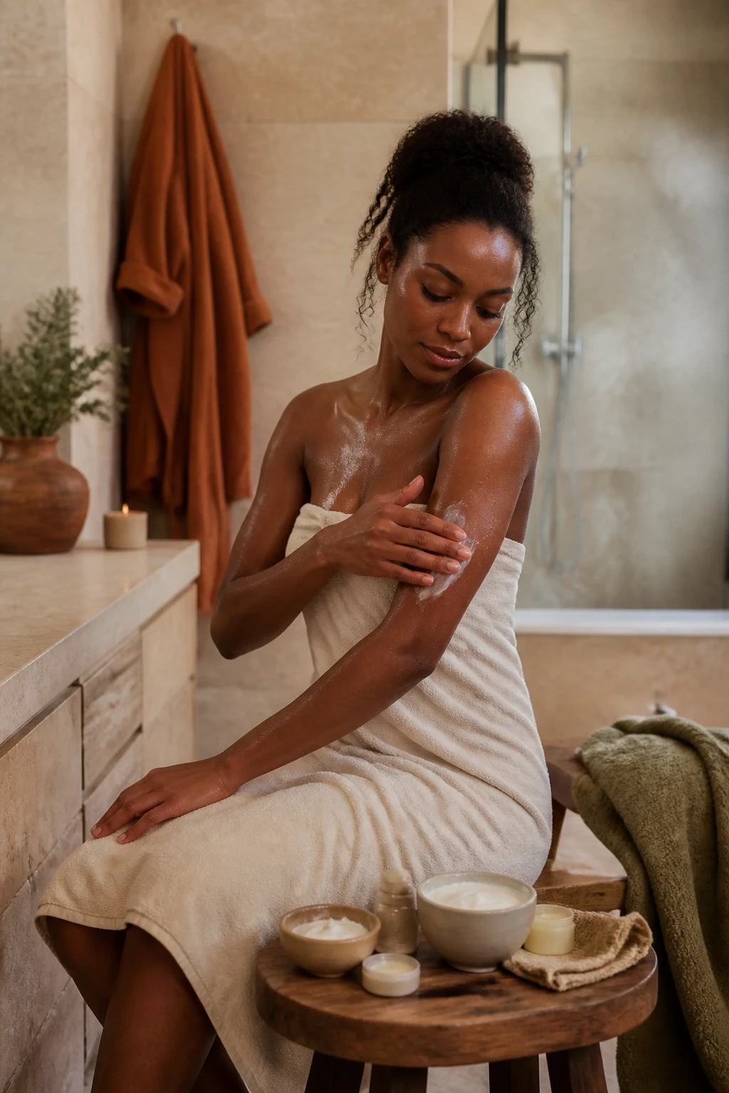 Image Prompt: A luxurious realistic bathroom photograph of a woman with deep brown skin completing an early fall body-care routine after a short warm shower, photographed respectfully while applying thick fragrance-free cream to slightly damp arms, cream towel wrapped securely around her body, lip ointment, hand cream, body cream, foot balm, gentle body wash, and soft cotton cloth arranged on a dark walnut bath stool, light natural steam, cream stone walls, olive towels, and rust robe nearby, realistic water droplets and natural skin texture, premium DSLR wellness photography, 50mm lens, no product labels, no text.