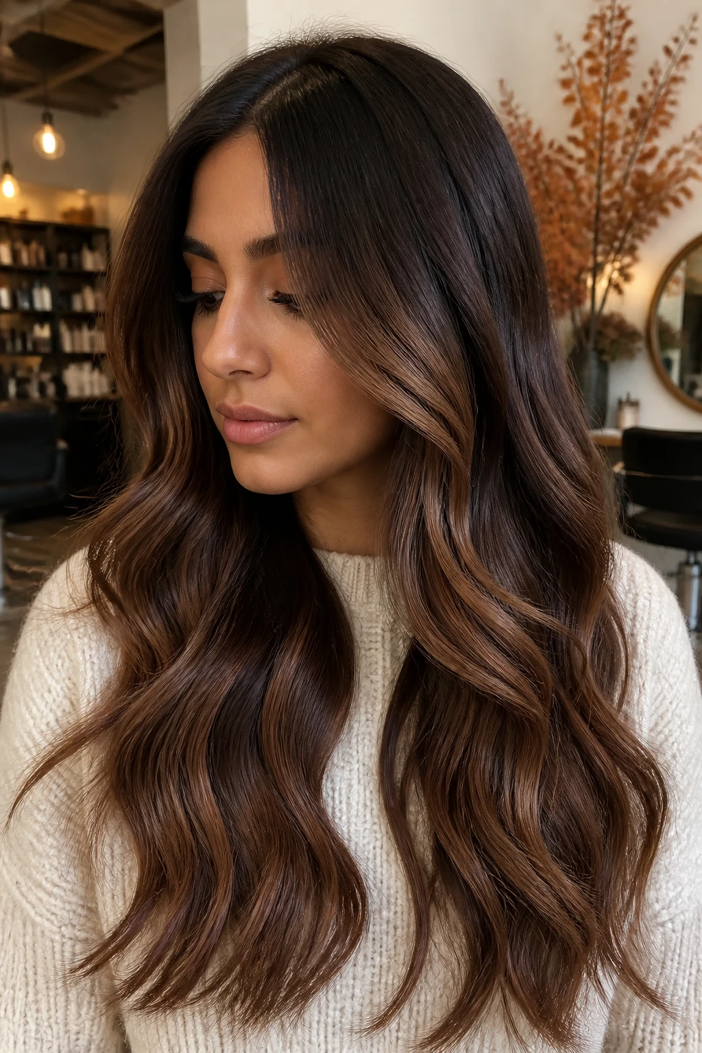 A realistic salon portrait of a woman with medium olive skin and long soft brunette waves, pecan pie brunette balayage, deep brown base with toasted pecan, golden brown, and soft caramel ribbons through the mid-lengths and ends, darker root melt, smooth layered waves, cozy cream sweater, blurred autumn-toned salon background, soft daylight, realistic shine, seamless blended color.