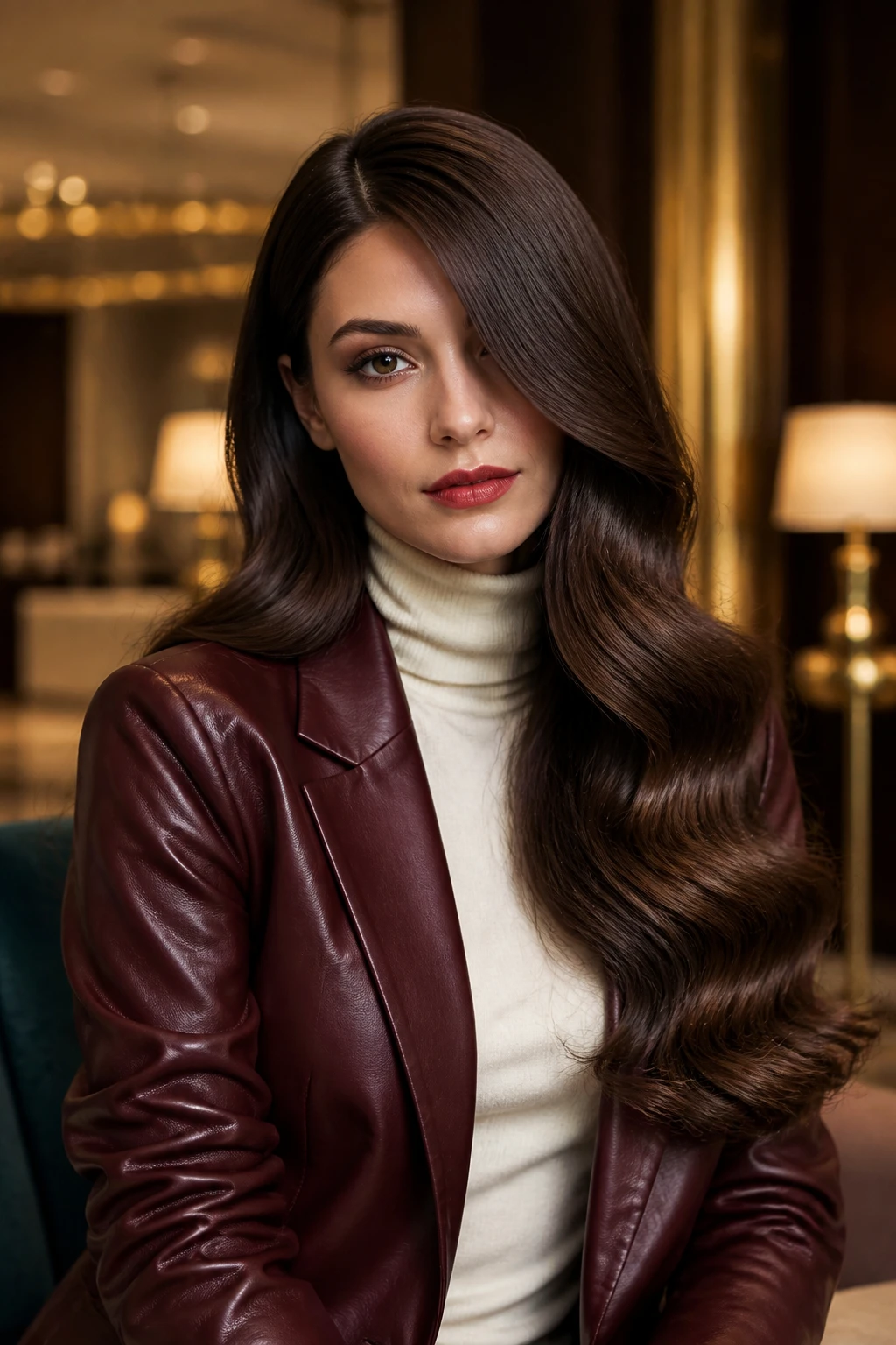 Image Prompt: A polished realistic hair portrait of a woman with long glossy dark brown hair styled into a deep dramatic side part, one side sweeping smoothly across the forehead while the lengths fall in large controlled waves over one shoulder, healthy reflective shine without an oily finish, softly defined fall makeup with brown liner and muted red lips, woman wearing a fitted cream turtleneck and burgundy leather jacket, modern hotel lobby with warm brass and walnut details softly blurred behind her, premium DSLR hair editorial photography, 85mm lens, individual strands clearly defined, no fashion logos, no text, no watermarks on images.