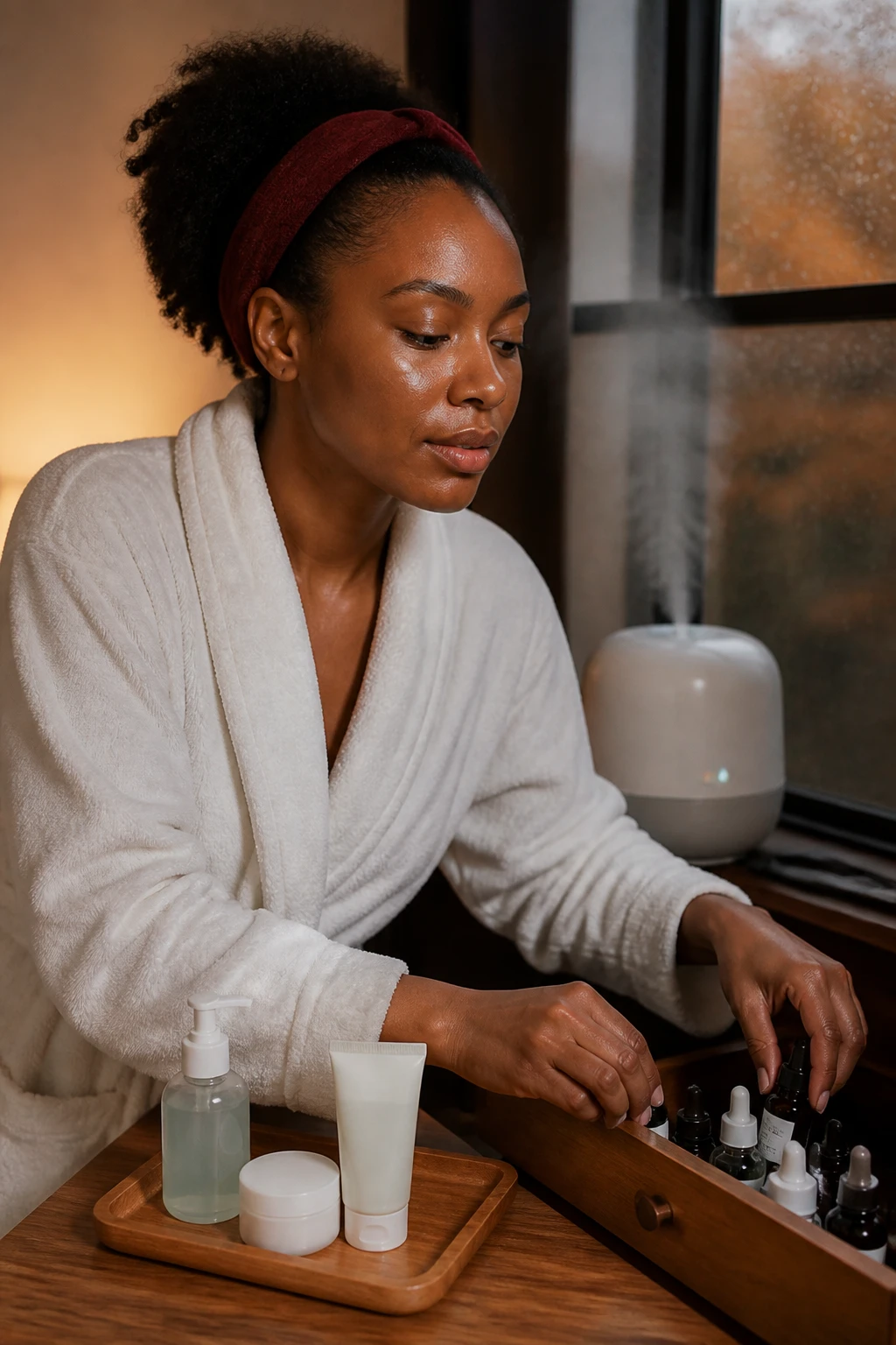 Image Prompt: A realistic intimate beauty photograph of a Black woman with deep brown skin adjusting an oily-skin routine after developing mild seasonal dryness around the mouth and cheeks, natural sheen still visible across the forehead, woman wearing a cream robe while placing strong treatment serums into a drawer and keeping only a gentle cleanser, lightweight moisturizer, and sunscreen on a wooden tray, natural curls held back with a burgundy headband, clean humidifier softly blurred in the background, warm amber light and rainy fall window, realistic skin texture without exaggerated flaking, premium DSLR skincare photography, 85mm lens, no logos, no text.