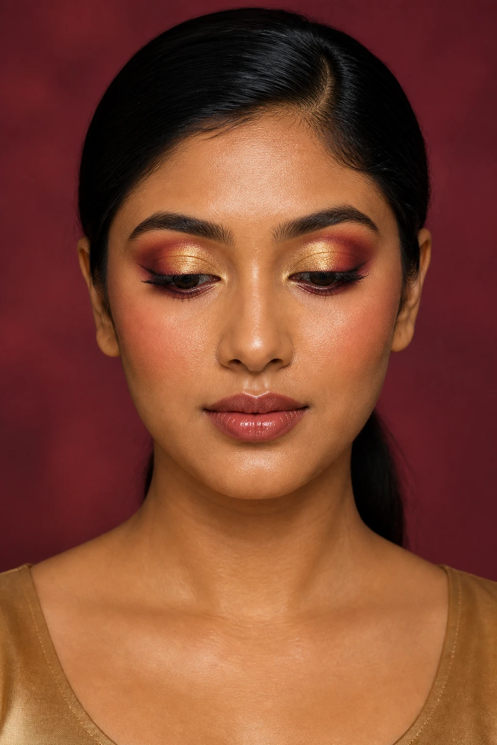 Create one high-end head-and-shoulders beauty photograph of a South Asian woman aged 25 to 32 with tan skin, strong golden undertones, large almond-shaped dark brown eyes, softly arched brows, and an oval face. Her long, straight black hair is styled in a sleek low ponytail with a clean side part, leaving the eyelids and cheeks unobstructed. She wears a plain antique-gold scoop-neck top that is slightly deeper than the lid colour.
Press opaque antique-gold satin eyeshadow evenly across the mobile eyelids from the inner corners to the outer thirds. Keep the finish smooth and reflective but not chunky or glittery. Blend matte cranberry shadow through the crease and slightly above it, shaping the outer edges into a soft lifted curve toward the temples. Deepen the outer crease with a small amount of burgundy-cranberry while maintaining clear separation from the gold lid. Place a pinpoint pale-gold highlight at the inner corners. Draw a thin espresso-brown line along the upper lashes with a short tapered finish. Smudge matte cranberry along the outer half of each lower lash line, fading into warm beige near the inner half. Add defined curled lashes with medium length and separated individual hairs. Keep the brows full, softly shaped, and detailed with visible strands.
Use luminous satin foundation matched precisely to the face, neck, and upper chest. Preserve natural pores, fine facial hairs, and true skin texture. Apply burnt-peach blush from the apples of the cheeks upward toward the outer cheekbones. Use light golden bronzer around the temples and beneath the cheekbones. Add a controlled soft-gold highlight to the cheekbones and bridge of the nose without creating metallic stripes. Line the lips with medium cinnamon-brown pencil and apply cinnamon-rose lipstick topped with a thin layer of clear gloss. Keep natural lip definition, moderate shine, and visible lip texture.
Frame the model front-facing with her eyes softly lowered enough to display the antique-gold lids while keeping both irises partly visible. The face should fill about 75 percent of the image. Capture the portrait on a full-frame mirrorless camera with a 100mm macro lens, using warm editorial lighting balanced with frontal fill so the cranberry and gold remain accurate. Use a softly blurred muted burgundy background.
Require accurate facial anatomy, correctly aligned pupils, natural eye direction, symmetrical eyeliner, individual lash and brow hairs, realistic pores, fine facial hairs, natural lip lines, subtle asymmetry, believable highlights, accurate pigment placement, realistic hair strands, and natural proportions.
Avoid waxy skin, excessive smoothing, muddy cranberry, orange-looking red shadow, disappearing gold, uneven liner, distorted pupils, crossed eyes, duplicated lashes, solid block brows, oversized lips, foundation mismatch, contour stripes, metallic cheek streaks, strange teeth, distorted earrings, extra fingers, hands near the face, floating makeup products, text, logos, watermarks, collages, and split screens.