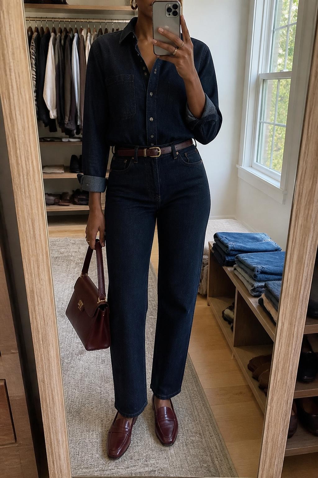 mirror selfie of a Black woman wearing the exact outfit described above, clearly showing a dark denim button-down shirt tucked into matching dark denim straight-leg jeans, burgundy leather loafers, a burgundy top-handle bag, a slim brown belt, and gold hoop earrings, holding a phone in front of a mirror, cropped at NECK so the face does not show, with a relaxed casual selfie pose, in a walk-in closet mirror, natural window light, with an open closet with clothes visible and folded denim jeans on a bench, latest iPhone photo quality.