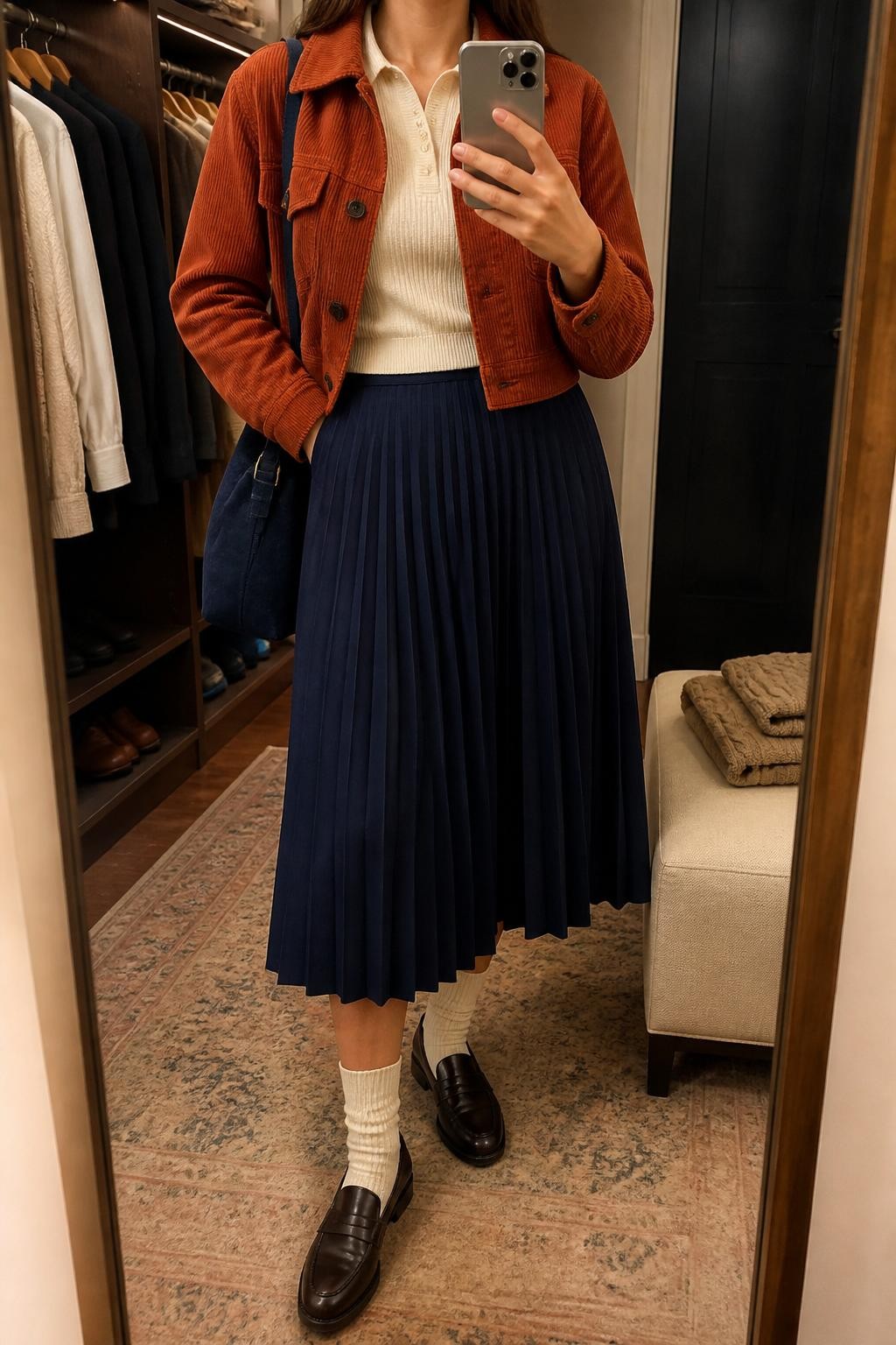 Mirror selfie of a woman wearing a cropped rust-orange corduroy jacket over a fitted cream fine-knit polo top, a navy pleated midi skirt, cream ribbed socks, dark brown leather loafers, and a navy suede shoulder bag, clearly showing the exact clothing items, colors, textures, and accessories listed, holding a latest-model iPhone in front of a mirror, cropped at the neck so the face does not show, relaxed casual selfie pose, in a walk-in closet mirror with warm moody lighting, an open closet with clothes visible and a folded sweater on a bench, natural uncluttered setting, latest iPhone photo quality.
