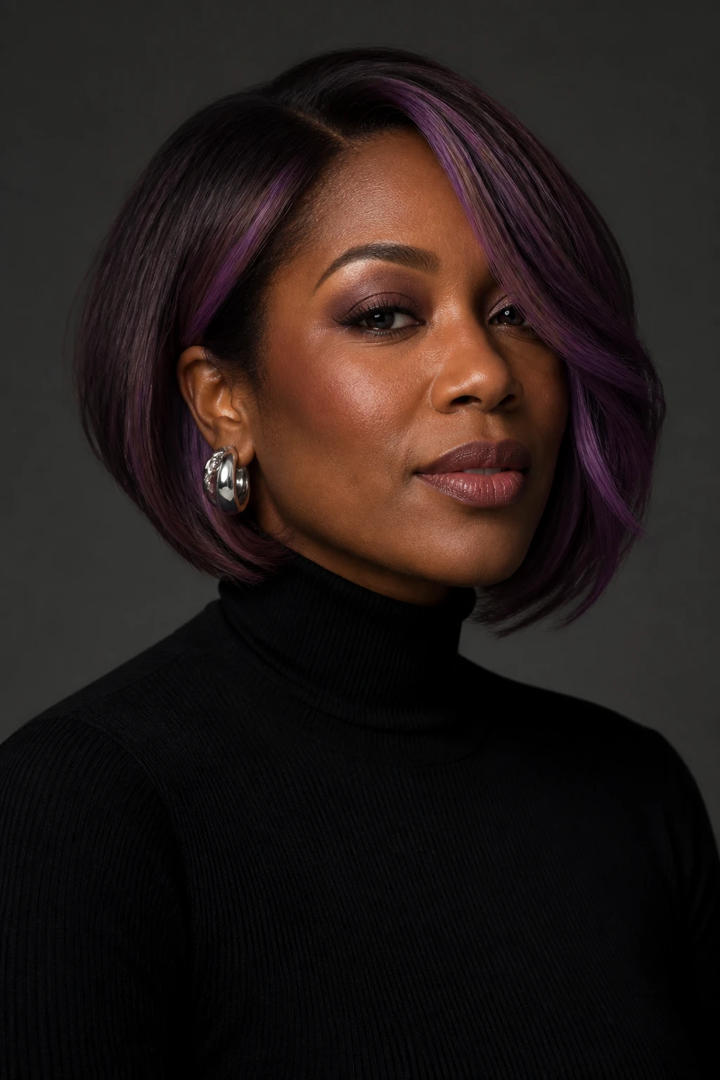 A realistic editorial portrait of a Black woman with warm brown skin wearing a softly angled chin-length bob, smoked amethyst hair color, deep violet-black root shadow, muted amethyst-purple mid-lengths, smoky plum lowlights beneath the surface, narrow brighter orchid-violet pieces near the front, softly darkened ends, no pastel lavender or neon purple, smooth side part, beveled bob shape, black turtleneck, sculptural silver earrings, dark gray studio background, controlled side lighting, realistic jewel-tone pigment and natural skin detail.