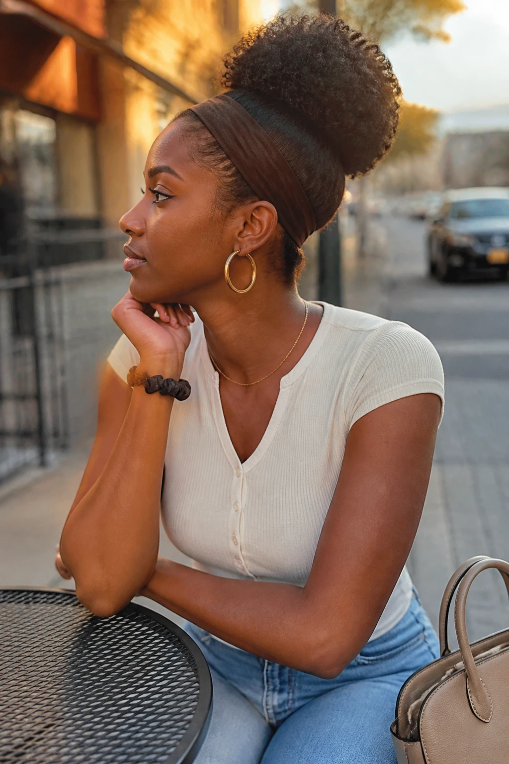 Image prompt

Photo of a Black woman wearing a high rounded curly puff with a smooth satin headband wrapped neatly around the hairline, side profile view against a softly blurred city street background, golden hour glow, containing a small lived-in detail such as gold hoop earrings, a spare scrunchie on her wrist, and a small handbag resting nearby, realistic candid photograph, latest iPhone photo quality.