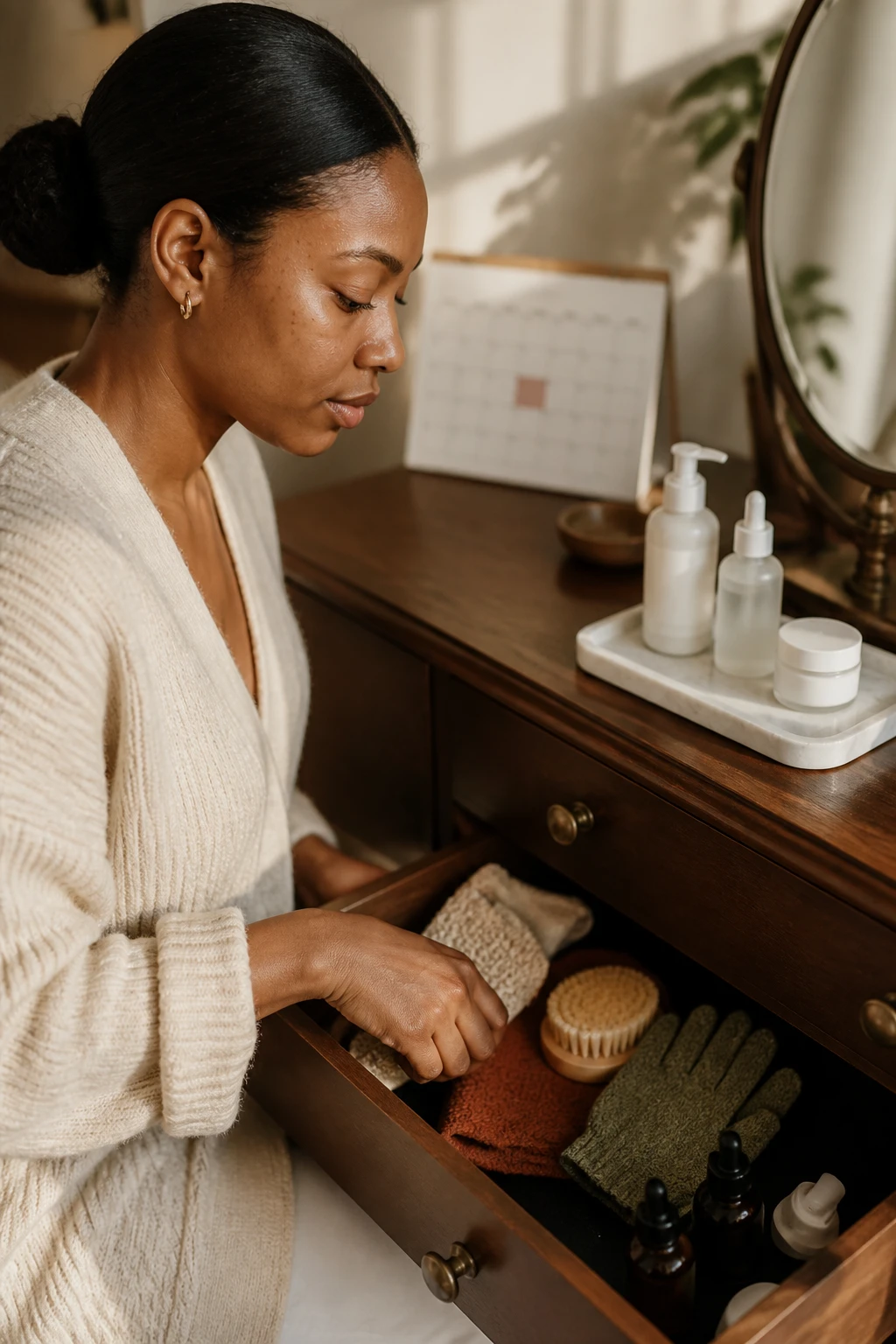 Image Prompt: A realistic editorial beauty photograph of a Black woman with dark neutral-brown skin simplifying a weekly exfoliation routine at a bedroom vanity, one mild chemical exfoliant placed beside a gentle cleanser and moisturizer while rough scrubs, stiff brushes, abrasive gloves, and strong peel bottles are being stored in a closed drawer, natural face showing clear texture and a few faint dark marks, woman wearing an oatmeal cardigan with her hair in a smooth low bun, simple weekly calendar with one treatment evening blurred, warm Sunday afternoon sunlight, cream, dark walnut, rust, and olive palette, premium DSLR skincare photography, 50mm lens, no product branding, no readable text.