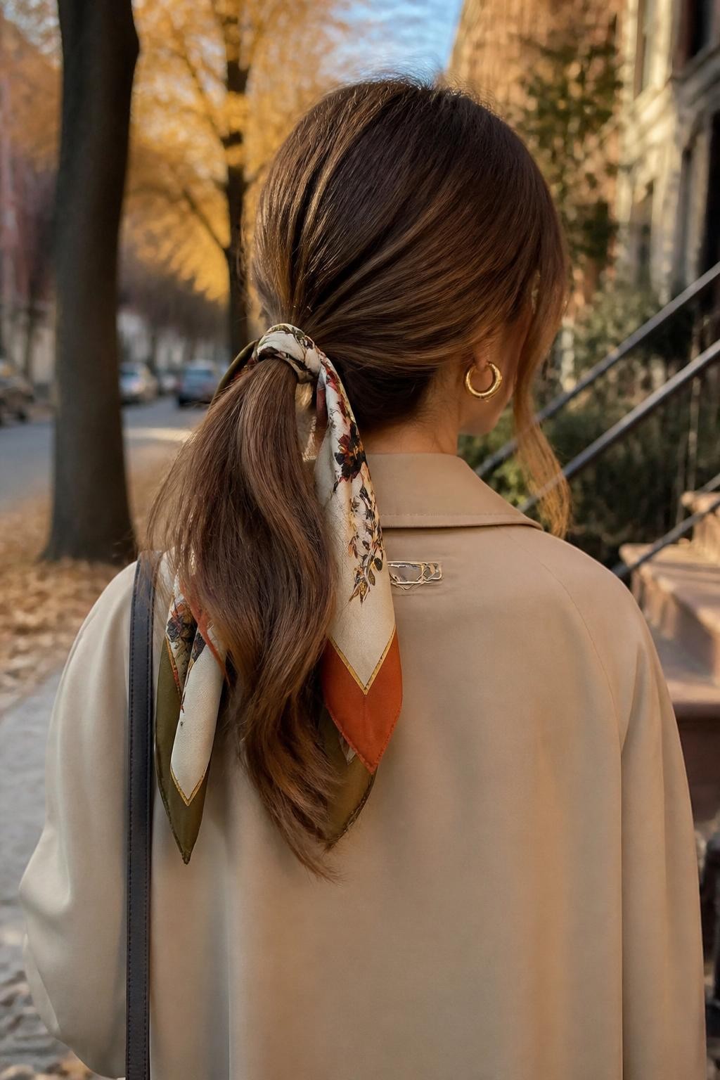 Image prompt: Photo of a woman wearing a loose low ponytail wrapped with a rust, cream, and olive printed silk scarf, softly waved ends and relaxed crown volume, back-of-head view, softly blurred city street background with fallen leaves, golden hour glow, a small hair clip attached to her coat collar and gold earrings peeking through, candid walking moment, latest iPhone photo quality.