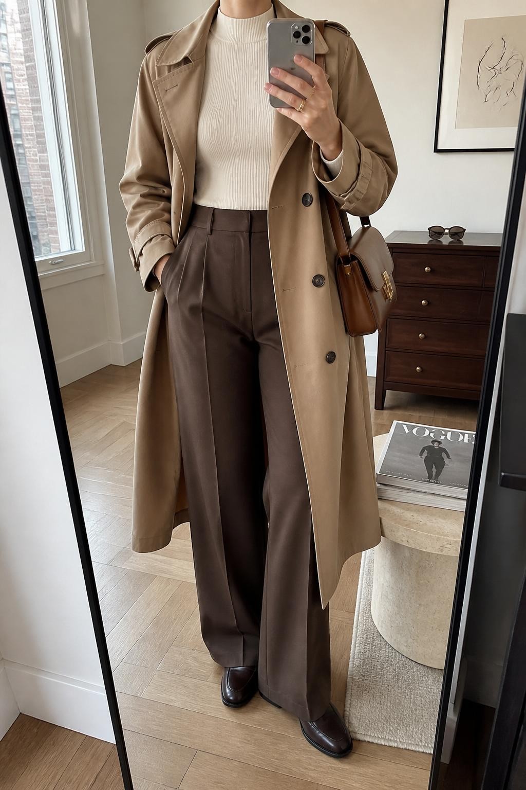 mirror selfie of a woman wearing a lightweight camel trench coat, fitted ivory ribbed mock-neck top, chocolate brown high-waisted wide-leg trousers, dark brown leather loafers, and a structured cognac shoulder bag, clearly showing the same clothing items, colors, fabrics, and accessories listed in the Outfit Pieces section, holding a phone in front of a mirror, cropped at NECK so the face does not show, with a relaxed casual selfie pose, in a stylish city apartment, natural window light, including sunglasses placed on a dresser and a stack of fashion magazines on a side table, latest iPhone photo quality.