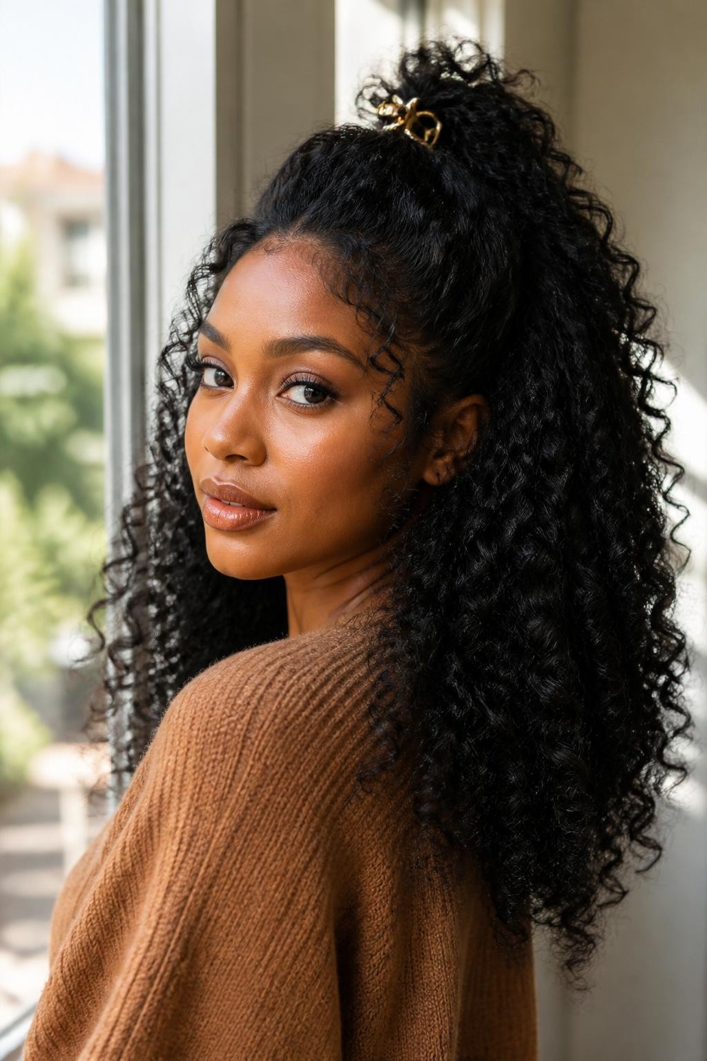 A realistic portrait of a black woman with long curly hair styled in a half-up claw clip hairstyle, top curls gathered at the crown with a small gold claw clip, full curls flowing down the back and shoulders, defined curl pattern, soft baby hairs, warm brown cardigan, natural daylight near a window, fresh beauty editorial style, no text, no watermark.