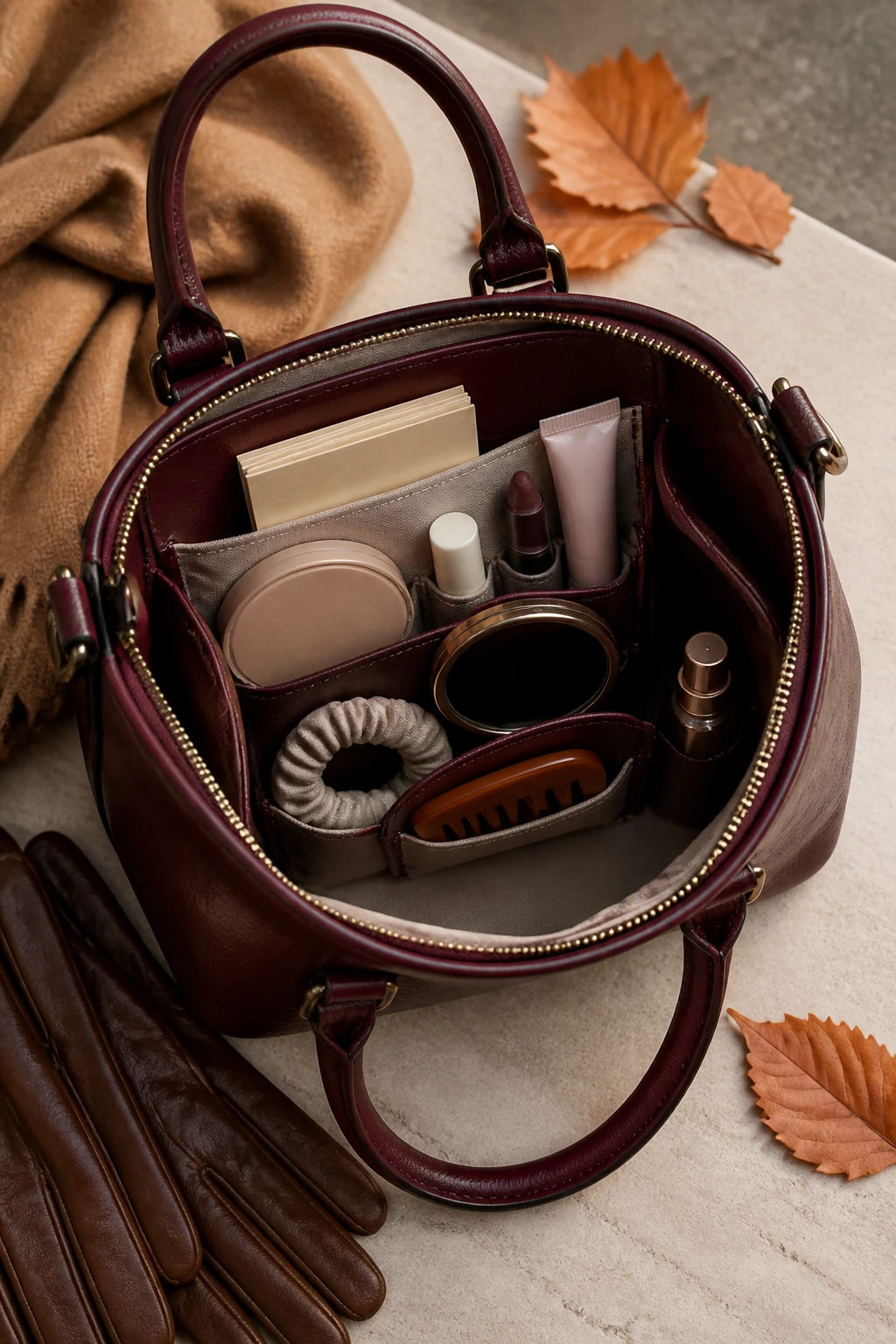 Image Prompt: A realistic editorial flat lay of a compact fall beauty touch-up kit arranged inside an open structured burgundy handbag, blotting papers, pressed powder, mini hand cream, lip balm, berry-brown lipstick, small mirror, hair tie, tiny comb, and travel fragrance atomizer organized neatly inside separate pockets, camel wool scarf and leather gloves beside the bag, copper leaves on a cream stone bench, soft afternoon daylight, realistic leather, paper, metal, and cosmetic textures, polished DSLR fashion and beauty photography, 50mm lens, no visible brand names, no text.