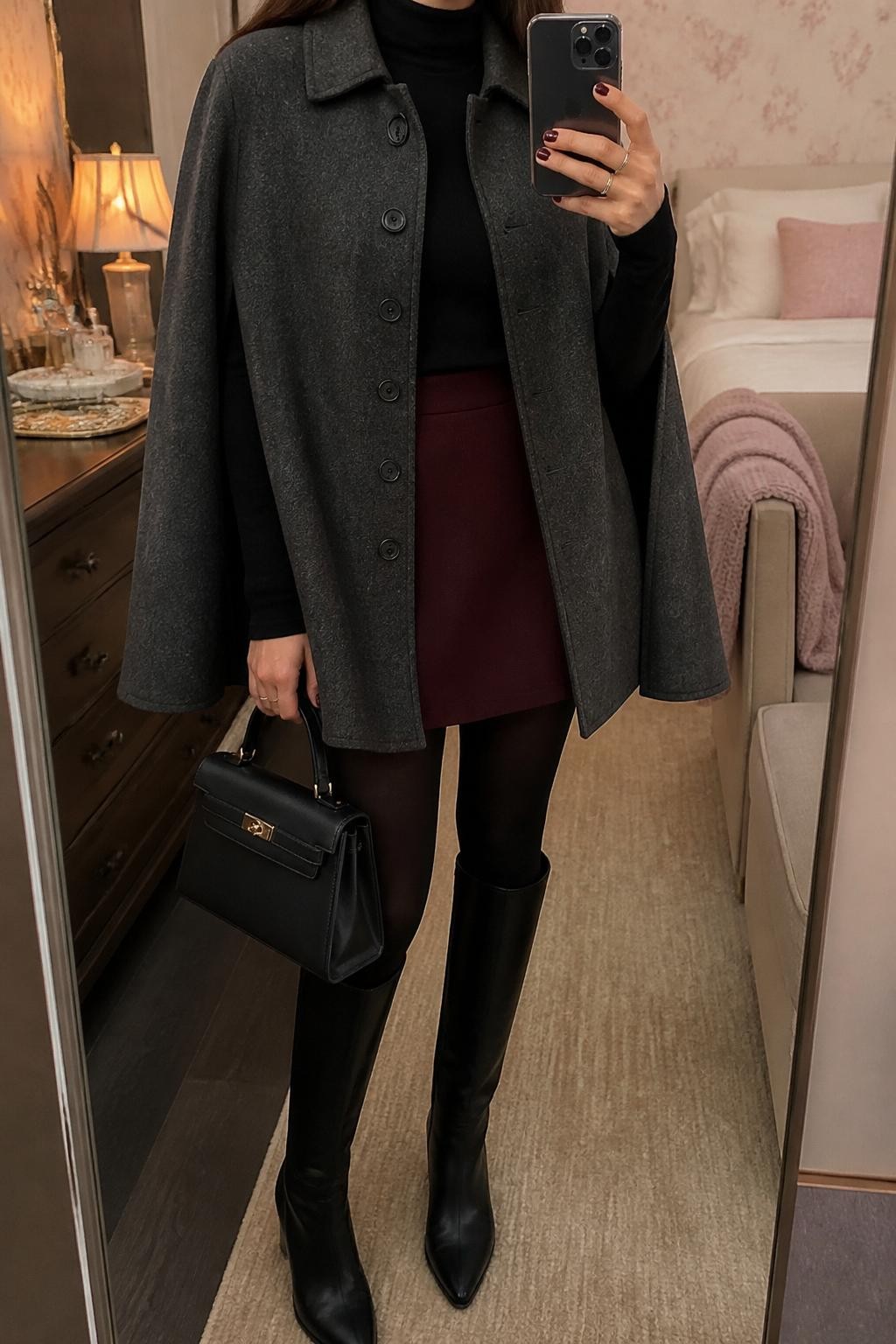 Mirror selfie of a woman wearing a charcoal gray wool cape coat over a fitted black turtleneck, a burgundy A-line mini skirt, opaque black tights, knee-high black leather boots, and a structured black top-handle bag, clearly showing the exact clothing items, colors, fabrics, and accessories listed, holding a latest-model iPhone in front of a mirror, cropped at the neck so the face does not show, relaxed casual selfie pose, in a feminine-themed bedroom with warm moody lighting, a jewelry tray on the vanity and a folded blanket on a chair, natural realistic setting, latest iPhone photo quality.