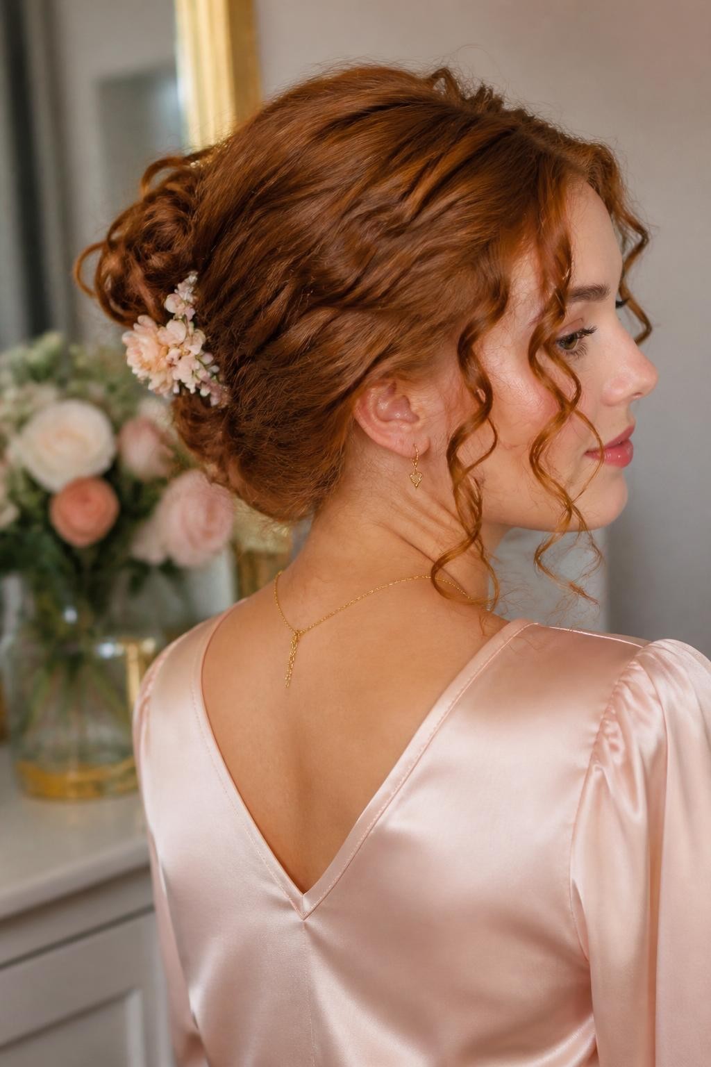 A realistic romantic beauty photo of a woman with medium-long auburn curly hair styled into a soft updo secured with a floral claw clip, loose curly tendrils framing the cheeks and neck, satin blush blouse, delicate jewelry, softly blurred vanity background with flowers, warm glowy lighting, feminine special occasion hairstyle inspiration, high-resolution DSLR photo, no text, (no watermarks on images)