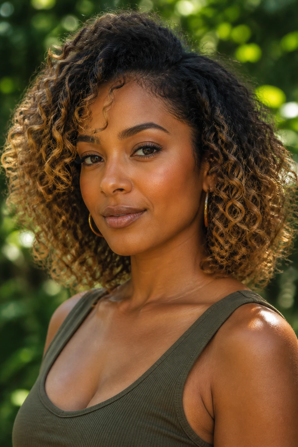 A realistic editorial portrait of a Black woman with warm brown skin and medium-length curly hair, dark brunette base with golden hazelnut balayage, warm hazelnut pieces painted through the outer curls and ends, brighter curls around the cheekbones, natural roots, defined curl pattern with light frizz, olive green top, gold hoops, blurred greenery background, golden-hour light, realistic hair color placement and natural skin texture.