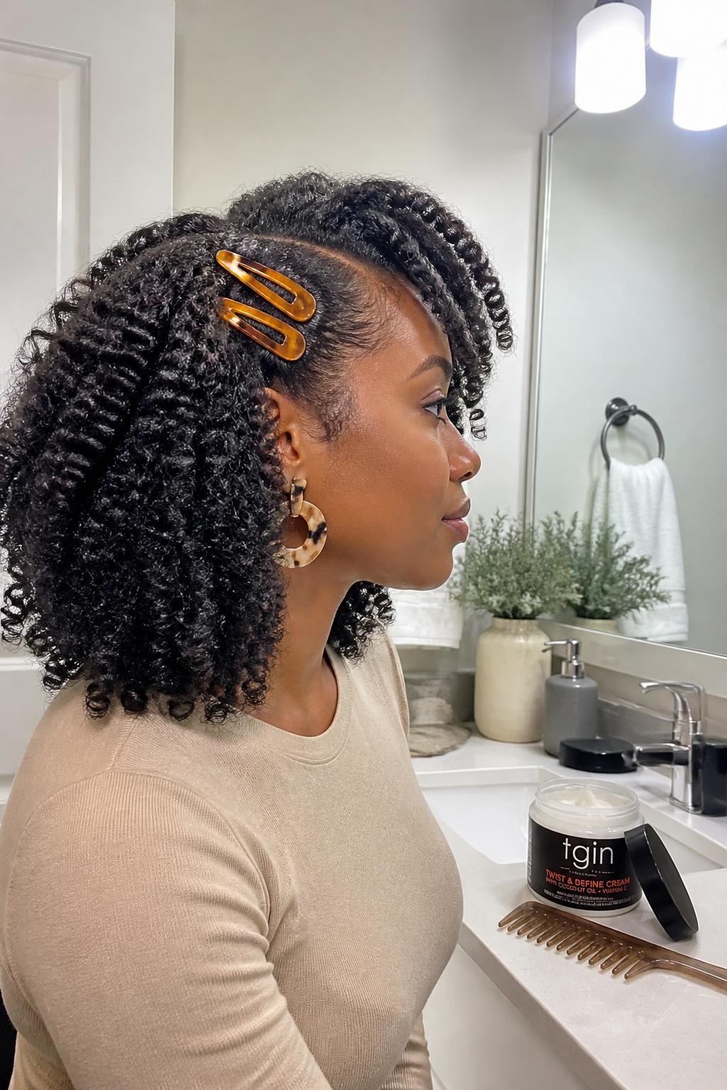 Image prompt: Photo of a Black woman wearing a fluffy shoulder-length twist-out with defined curved texture and two amber clips placed above one ear, side-profile view, bathroom vanity mirror setting, soft indoor lighting, open jar of twisting cream and wide-tooth comb on the counter, statement earrings peeking through, realistic wash-day results, latest iPhone photo quality.