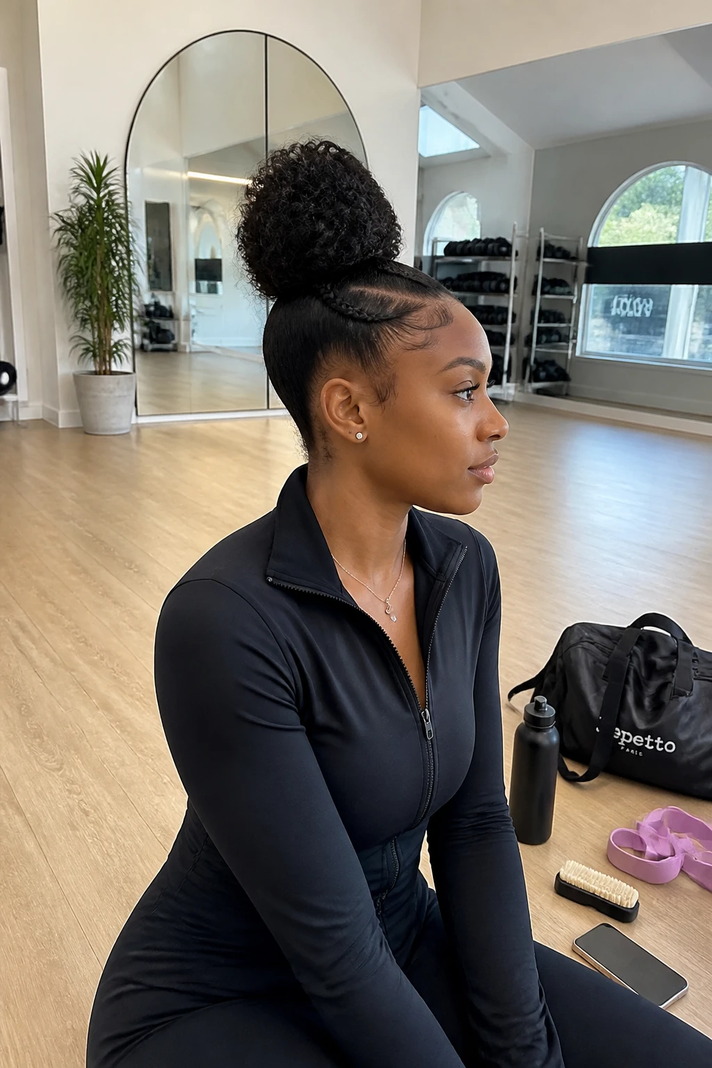 Image prompt
Photo of a Black woman wearing a high curly top knot with two slim cornrows running along the front hairline and feeding into the bun, side profile view inside a bright fitness studio, soft indoor lighting, containing a small lived-in detail such as resistance bands near a water bottle, a gym bag on the floor, and a small edge brush beside her phone, realistic pre-training moment, latest iPhone photo quality.