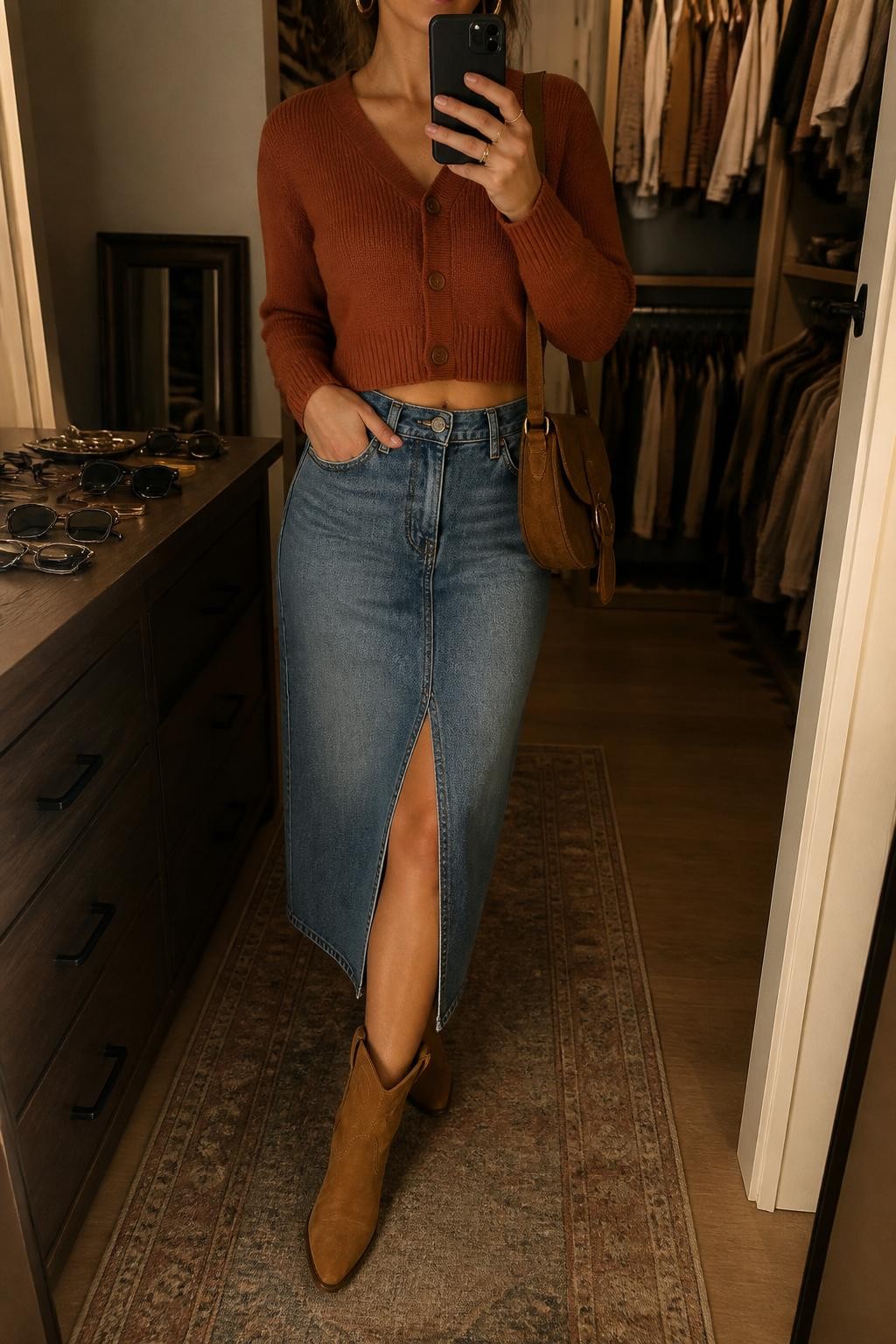 mirror selfie of a woman wearing the exact outfit described above, clearly showing a rust cropped cardigan, medium-wash denim midi skirt with a front slit, tan western ankle boots, a brown suede crossbody bag, and gold hoop earrings, holding a phone in front of a mirror, cropped at NECK so the face does not show, with a relaxed casual selfie pose, in a walk-in closet mirror, warm moody lighting, with an open closet with clothes visible and sunglasses placed on a dresser, latest iPhone photo quality.