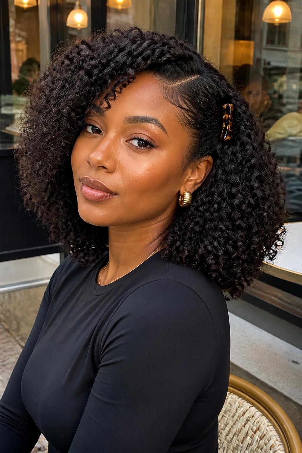 A realistic fashion beauty photo of a black woman with shoulder-length defined curls styled with a deep side part and one side pinned back using a glossy tortoiseshell claw clip, curls full and rounded on the other side, warm brown skin, gold earrings, fitted black top, city café background, soft daylight, chic curly hairstyle inspiration, high-resolution DSLR quality, no text, (no watermarks on images)