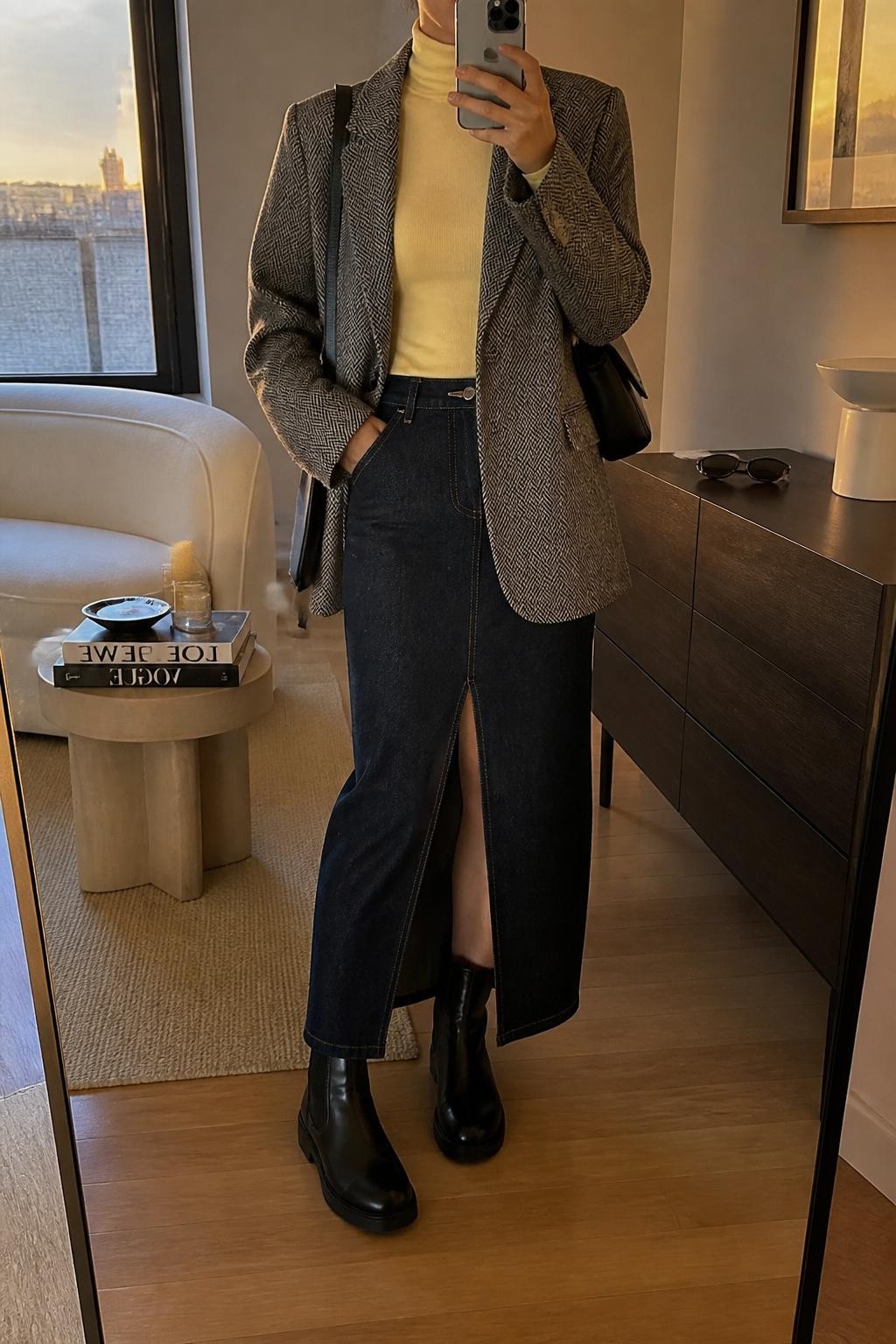 Mirror selfie of a woman wearing an oversized gray herringbone wool blazer over a fitted butter-yellow turtleneck, a dark indigo denim maxi skirt with a front slit, black leather Chelsea boots, and a slim black leather shoulder bag, clearly showing the exact clothing items, colors, patterns, fabrics, and accessories listed, holding a latest-model iPhone in front of a mirror, cropped at the neck so the face does not show, relaxed casual selfie pose, in a stylish city apartment with evening golden-hour lighting, sunglasses placed on a dresser and fashion magazines on a side table, natural unstaged composition, latest iPhone photo quality.