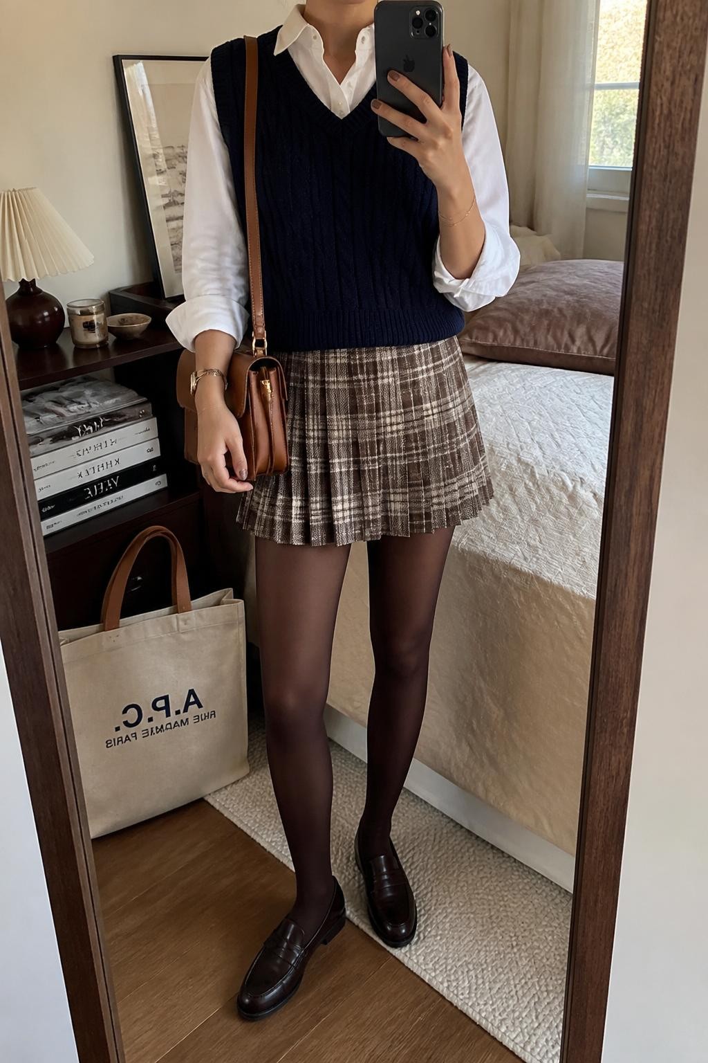 mirror selfie of a woman wearing a navy cable-knit sweater vest layered over a crisp white button-down shirt, a brown and cream plaid pleated mini skirt, sheer brown tights, chocolate brown leather loafers, and a structured tan satchel bag, clearly showing the same clothing items, colors, fabrics, footwear, and accessories listed in the Outfit Pieces section, holding a phone in front of a mirror, cropped at NECK so the face does not show, with a relaxed casual selfie pose, in a cozy bedroom mirror setup, natural window light, including a stack of fashion magazines on a side table and a tote bag resting on the floor, latest iPhone photo quality.