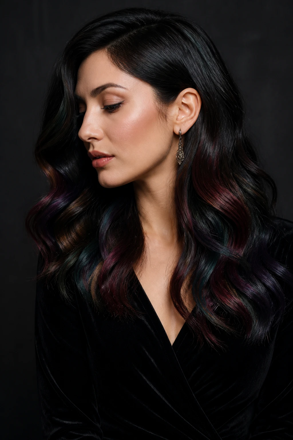 A realistic editorial portrait of a woman with light-medium skin and long near-black waves, winter oil-slick hair color, soft black base with hidden ribbons of deep teal, dark garnet red, petrol blue, burnt violet, and muted bronze, jewel tones placed beneath the surface and through the lower face frame, colors appearing separately as the waves catch narrow light, natural dark roots fully retained, no rainbow gradient or pastel shades, one side tucked behind the ear, black velvet dress, bronze earrings, dark neutral studio background, directional winter lighting, realistic reflective pigment and natural strand detail.