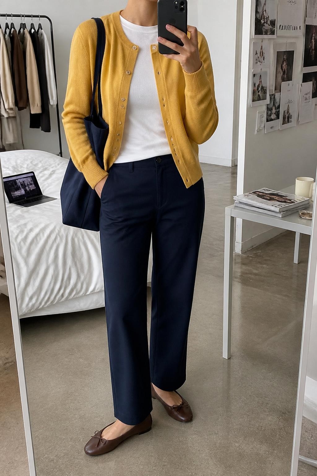 mirror selfie of a woman wearing a mustard yellow button-front cardigan over a white fitted tee, navy straight-leg trousers, brown flats, and a navy canvas tote, clearly showing the same clothing items, colors, fabrics, and accessories listed in the Outfit Pieces section, holding a phone in front of a mirror, cropped at NECK so the face does not show, with a relaxed casual selfie pose, in a fashion studio mirror corner, soft indoor lighting, including a laptop or tablet on the bed and a stack of fashion magazines on a side table, latest iPhone photo quality.