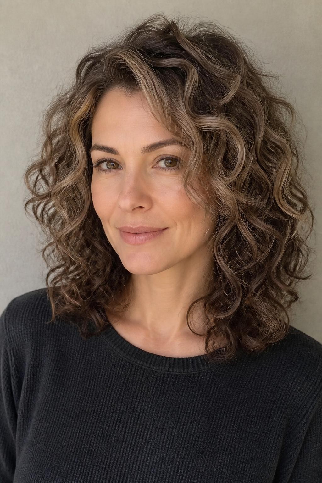 A realistic portrait of a woman with fair neutral skin and medium-length curls, deep chestnut-brown base with frosted beige-brown ribbons, cool biscuit, mushroom-beige, and muted taupe highlights painted through selected top curls, soft chestnut root melt, brighter neutral pieces around the temples, darker inner and nape curls retained, no silver-gray or golden blonde sections, airy layered shape, charcoal knit top, pale stone background, soft diffused daylight, realistic curl texture, matte-satin shine and fine flyaways.