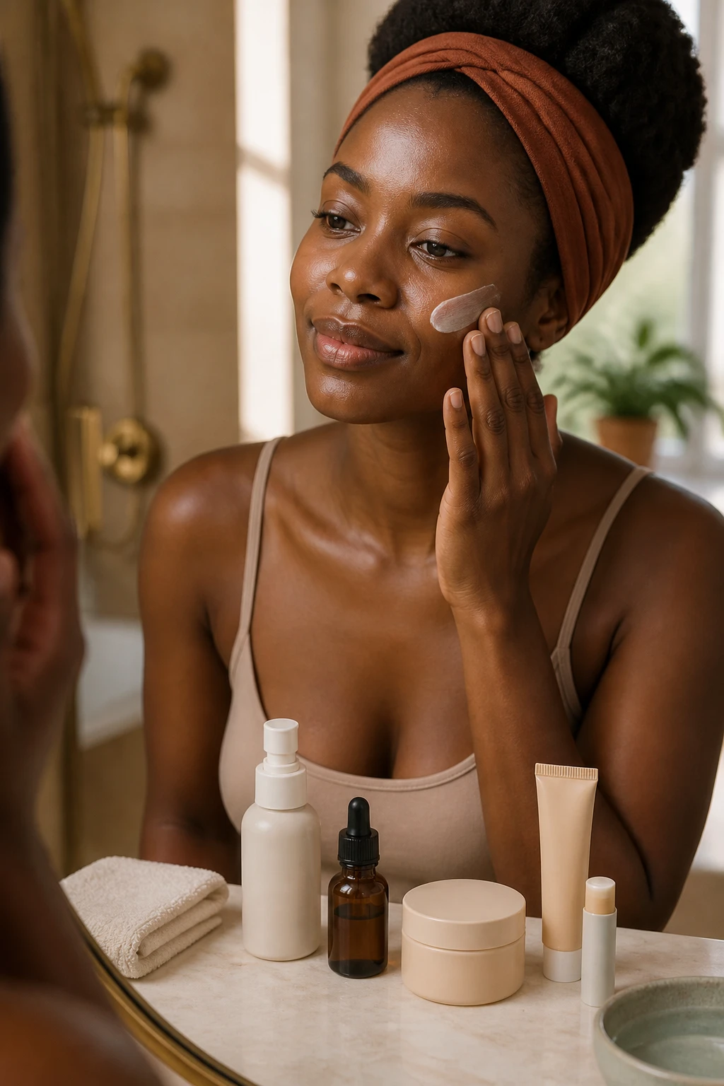 Image Prompt: A close-up photorealistic beauty photograph of a Black woman with rich deep-brown skin applying a creamy moisturizer to her cheek in front of a softly lit bathroom mirror, healthy natural skin with visible pores and a hydrated satin finish, minimal makeup, natural eyebrows, hair secured with a wide rust-colored headband, gentle cleanser, hydrating serum, ceramide cream, sunscreen and lip balm arranged on a pale stone countertop, folded cream washcloth and small bowl of water nearby, warm morning window light, muted terracotta and beige bathroom details, premium skincare campaign photography, 85mm lens, no airbrushed skin, no product labels, no text.