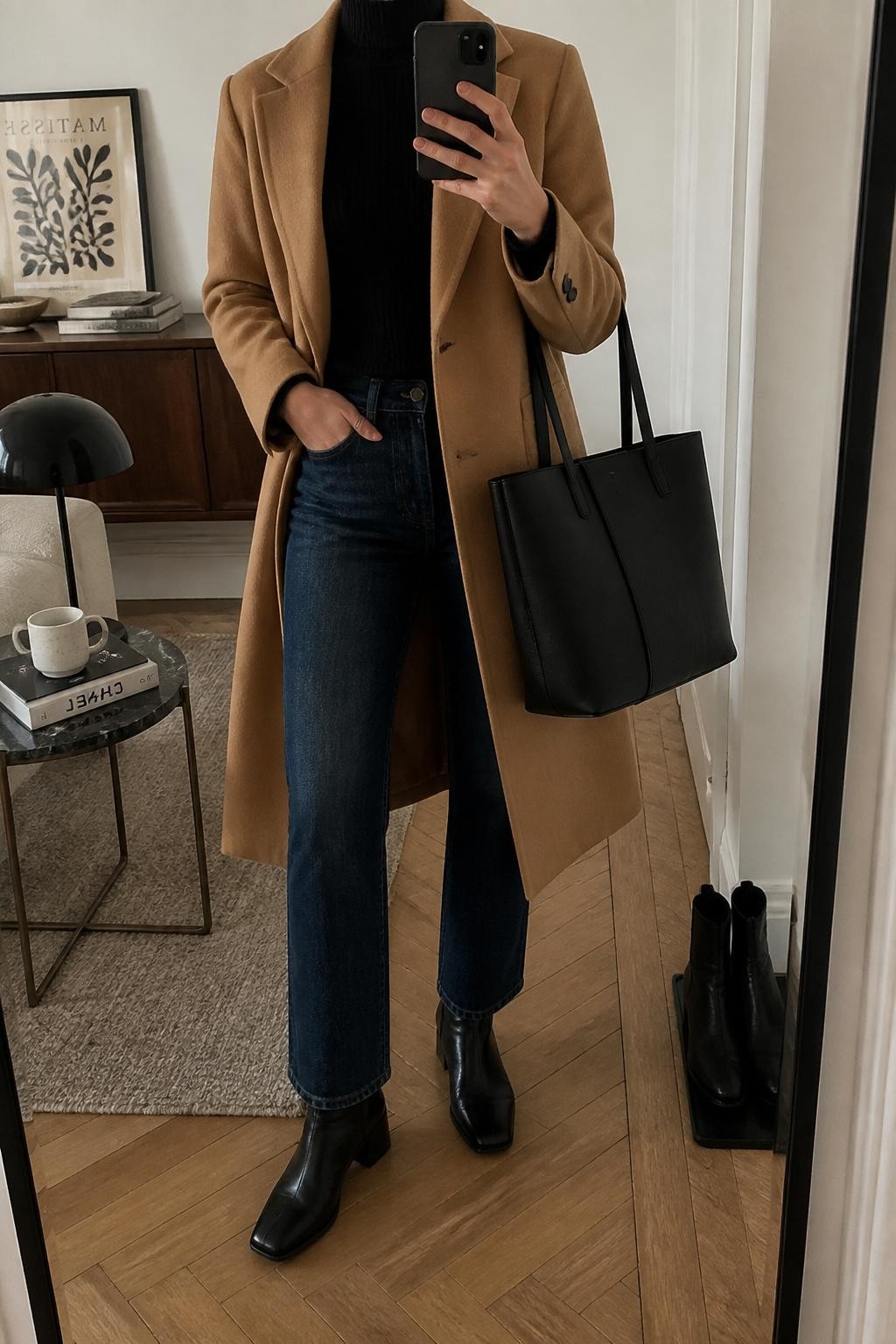 mirror selfie of a woman wearing a camel wool long coat over a black ribbed turtleneck, dark wash straight-leg jeans, black leather ankle boots, and a structured black tote bag, clearly showing the same clothing items, colors, fabrics, and accessories listed in the Outfit Pieces section, holding a phone in front of a mirror, cropped at NECK so the face does not show, with a relaxed casual selfie pose, in a stylish city apartment, soft indoor lighting, including a coffee mug on a side table and a pair of boots on the floor nearby, latest iPhone photo quality.