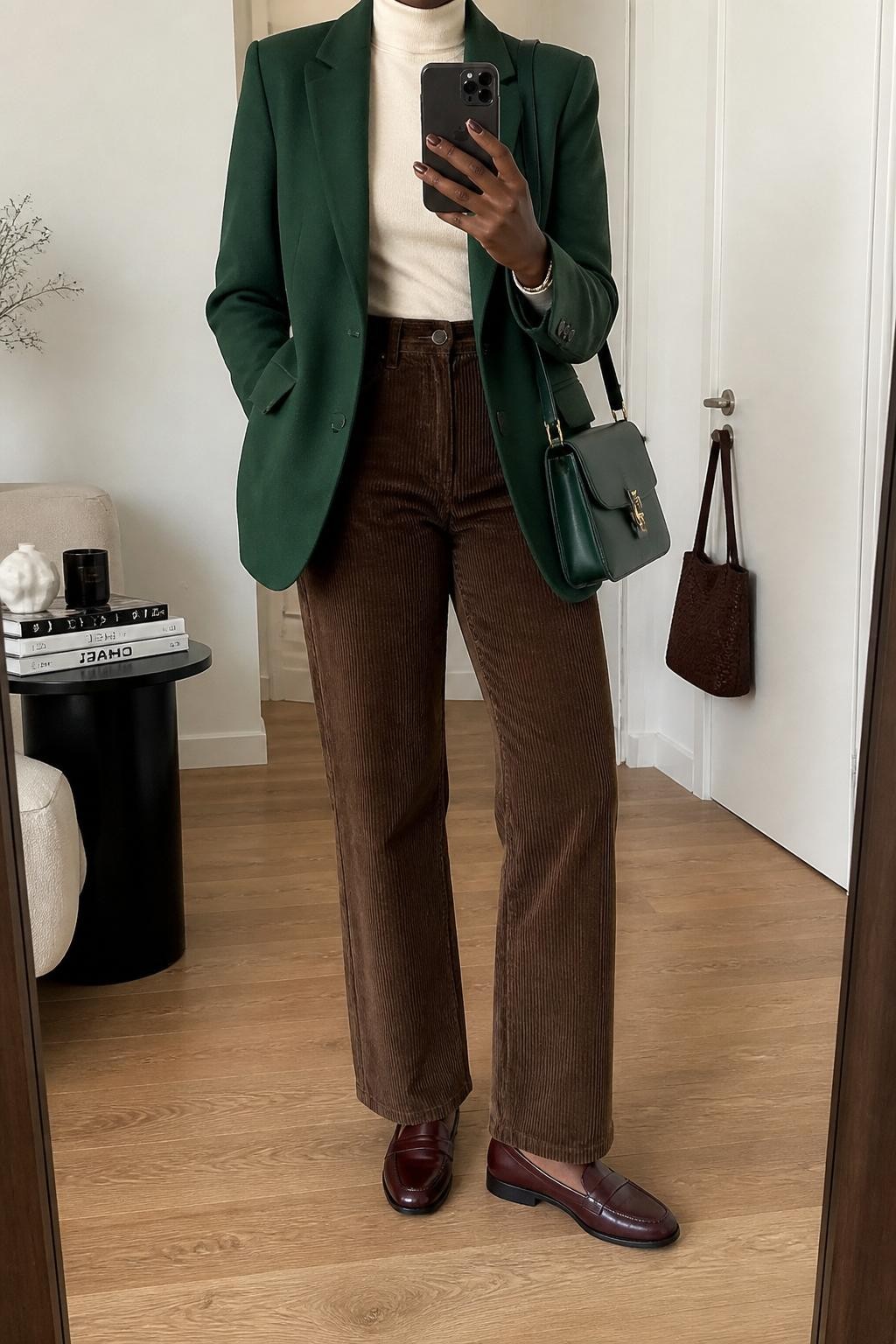 Mirror selfie of a Black woman with deep brown skin wearing a tailored forest green wool blazer over a fitted cream turtleneck, high-waisted chocolate brown corduroy pants with a straight-leg cut, burgundy leather loafers, and a structured forest green shoulder bag, clearly showing the exact clothing items, colors, textures, and accessories listed, holding a latest-model iPhone in front of a mirror, cropped at the neck so the face does not show, relaxed casual selfie pose, in a stylish city apartment with soft indoor lighting, fashion magazines on a side table and a handbag hanging on a door handle, natural uncluttered composition, latest iPhone photo quality.