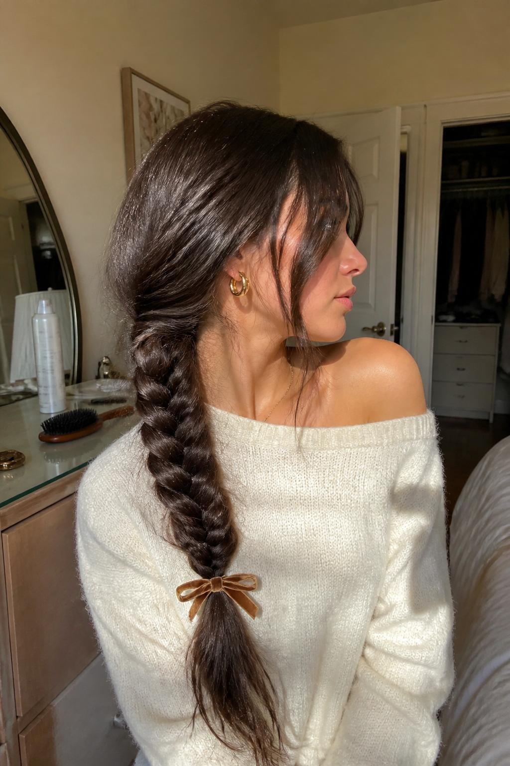 Photo of a woman wearing very long hair gathered over one shoulder into a loose fishtail braid with soft face-framing pieces and a small caramel velvet bow at the end, side-profile view in a sun-drenched bedroom, natural window light, hairbrush and texture spray on the dresser, gold earrings visible and a slightly open closet behind her, realistic uneven braid sections and relaxed getting-ready atmosphere, latest iPhone photo quality.