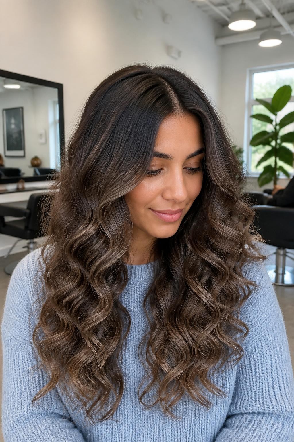 A realistic salon portrait of a woman with light-medium skin and long cascading curls, cocoa mushroom color melt, deep cocoa-brown roots, neutral mushroom-brown mid-lengths, soft taupe-beige ends, fine mocha lowlights woven through the interior, low-contrast gradient from root to tip, no orange warmth, silver streaks, or pale blonde pieces, center part, natural curl definition and volume, pale blue knit sweater, bright salon corner, gentle daylight, seamless color transition and realistic strand detail.
