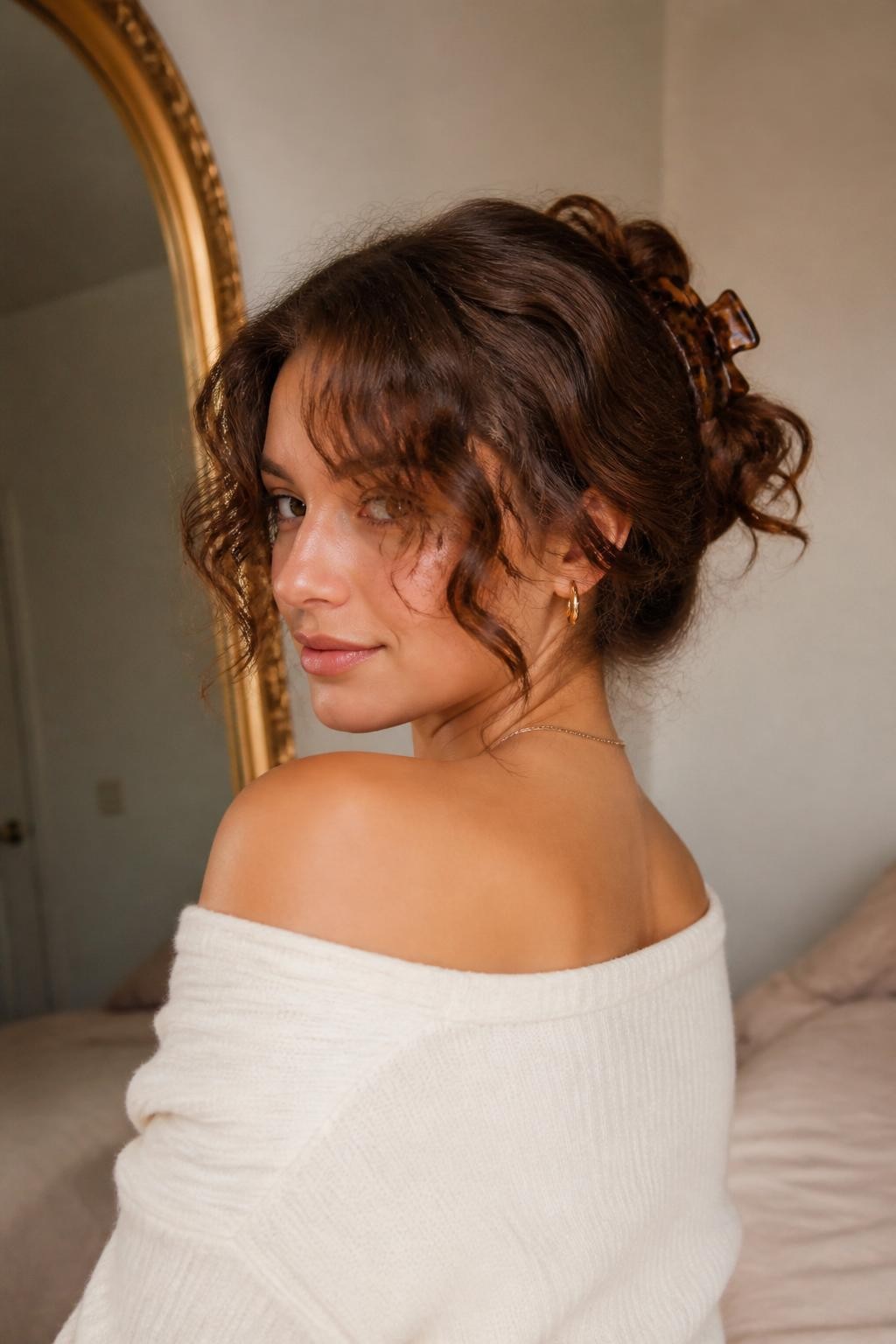 A realistic beauty photo of a woman with medium-length curly chestnut hair and soft curly curtain fringe, styled into a loose claw clip twist at the back with a tortoiseshell clip, fringe framing the face beautifully, cream off-shoulder sweater, warm bedroom mirror setting, soft natural light, feminine trendy hairstyle inspiration, high-resolution DSLR photo, no text, (no watermarks on images)