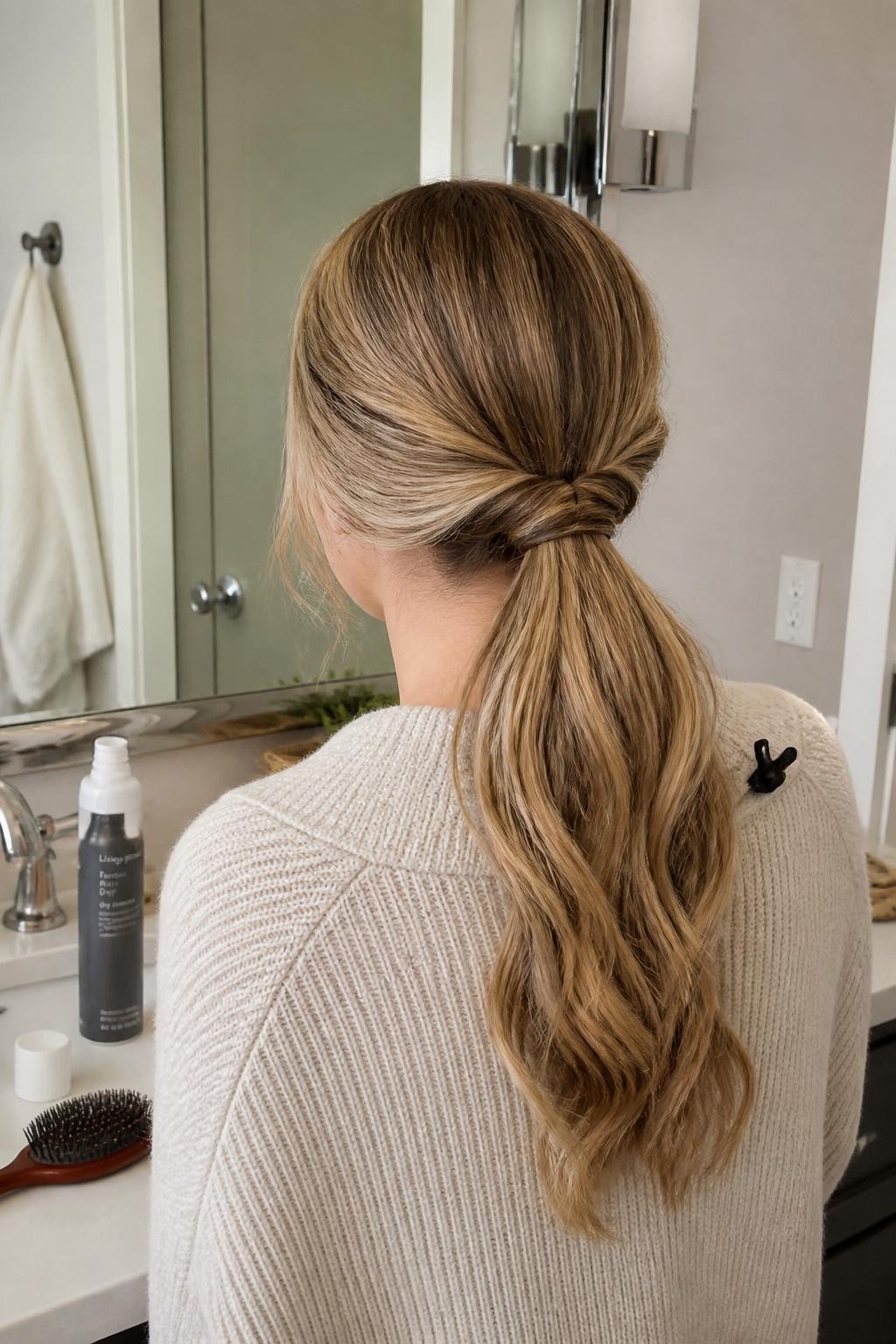 Image prompt: Photo of a woman wearing a low ponytail with two smooth side twists wrapped over the elastic, softly waved lengths and light volume at the crown, back-of-head view, bathroom vanity mirror setting, soft indoor lighting, hairbrush and open dry shampoo bottle on the counter, small clip attached to the collar of her knit sweater, realistic everyday styling moment, latest iPhone photo quality.