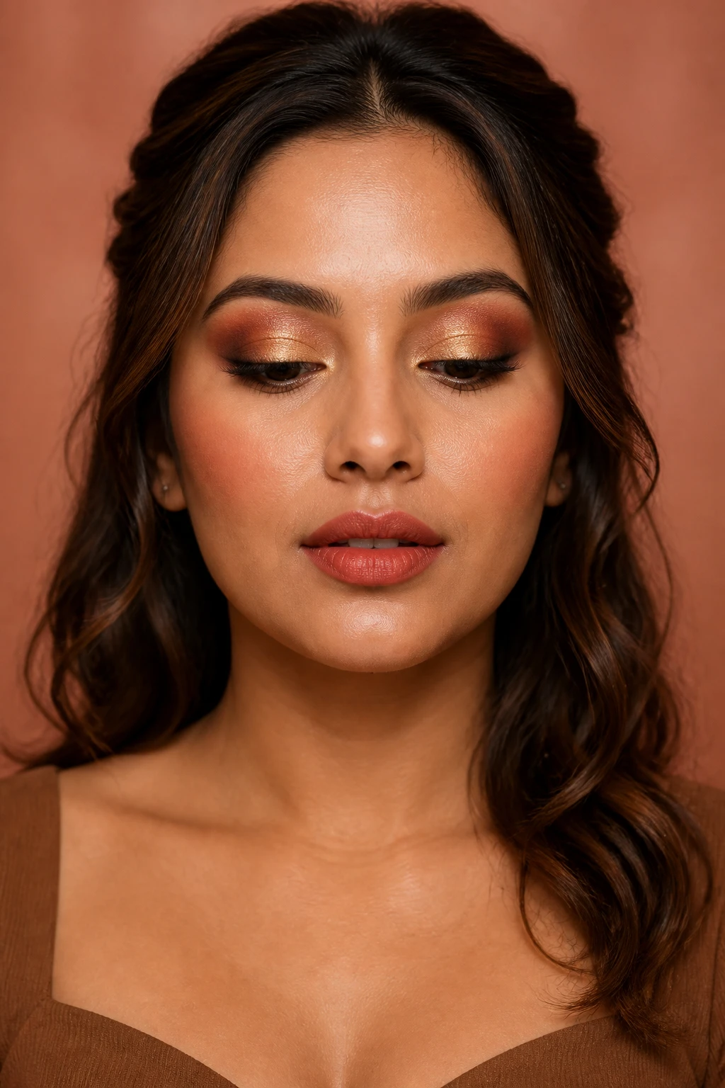 Create one professional editorial beauty portrait of a woman aged 26 to 33 with medium skin, warm undertones, large deep brown eyes, a softly square face, and natural medium-full lips. Her chestnut-brown hair has loose waves and is styled into a polished half-up arrangement, with the front sections pinned away from both eyes and cheeks. She wears a simple dark caramel sweetheart-neck top.
Apply matte rust eyeshadow to the inner and outer thirds of each mobile eyelid, leaving the exact centre clean. Blend the rust softly through the crease while keeping the centre space visible. Deepen the outer corners with matte cocoa-brown shadow and fade it into the rust without muddying the shades. Press burnished gold metallic eyeshadow precisely onto the centre of each lid directly above the iris, creating a controlled spotlight effect. Add a tiny muted gold highlight at the inner corners. Smudge espresso-brown pencil along the upper lash roots, keeping it soft and slightly thicker at the outer corners. Blend rust shadow along the lower lash lines and add cocoa only at the outer thirds. Finish with separated, curled lashes and moderate outer-corner volume. Shape the brows naturally with visible individual hairs.
Use satin-finish foundation that matches the face, neck, and upper chest. Preserve pores, fine facial hairs, natural under-eye texture, and subtle skin variation. Apply terracotta blush from the apples of the cheeks toward the temples. Add warm cocoa bronzer around the outer face with no sharp contour. Use a controlled soft-gold highlight on the upper cheekbones. Define the lips with burnt cinnamon-brown liner and fill them with terracotta velvet lipstick, maintaining natural lip lines, soft dimension, and a non-drying velvet finish.
Pose the model front-facing with her eyelids softly lowered so the gold centre placement is easy to see, while both brown irises remain partly visible. Her face should fill approximately 76 percent of the frame. Photograph her with a full-frame DSLR and a 100mm macro portrait lens using soft diffused beauty-dish lighting. Keep sharp focus on the rust, cocoa, and centred gold colour separation. Use a softly blurred muted peach background.
Request accurate facial anatomy, aligned pupils, natural eye direction, symmetrical spotlight placement, individual lashes and brows, natural pores, fine facial hairs, realistic lip lines, subtle facial asymmetry, believable highlights, accurate pigment placement, realistic hair strands, and natural proportions.
Avoid waxy skin, excessive smoothing, muddy rust and cocoa, gold spread across the entire lid, disappearing metallic colour, uneven liner, distorted pupils, crossed eyes, duplicated lashes, block brows, oversized lips, foundation mismatch, contour stripes, metallic cheek streaks, strange teeth, distorted earrings, extra fingers, hands over the face, floating products, text, logos, watermarks, collages, and split screens.