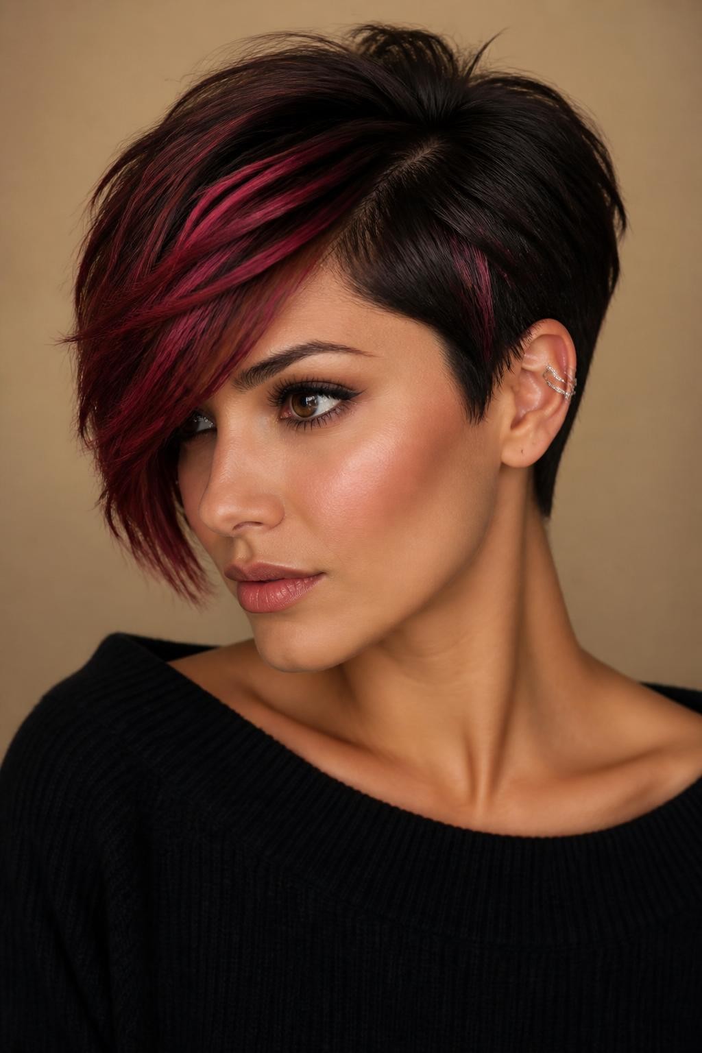 A realistic beauty portrait of a woman with medium olive skin wearing a chocolate-brown pixie with a long angled fringe, deep neutral brunette base across the sides, crown, and nape, cranberry-rose color melted through the front fringe only, beginning as dark merlot near the roots and becoming muted raspberry-red at the tips, two fine coordinating berry ribbons placed near the temple, no vivid pink or flat burgundy coating, soft side part, lightly tousled texture, black knit top, silver ear cuff, warm beige background, gentle directional light, realistic pigment and individual strands.