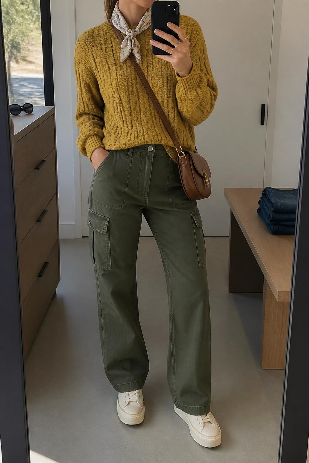 mirror selfie of a woman wearing the exact outfit described above, clearly showing a mustard cable knit sweater, olive green cargo pants, cream platform sneakers, brown crossbody bag, and a patterned silk bandana tied at the neck, holding a phone in front of a mirror, cropped at NECK so the face does not show, with a relaxed casual selfie pose, in a minimal dressing room, natural window light, with sunglasses placed on a dresser and folded denim jeans on a bench, latest iPhone photo quality.