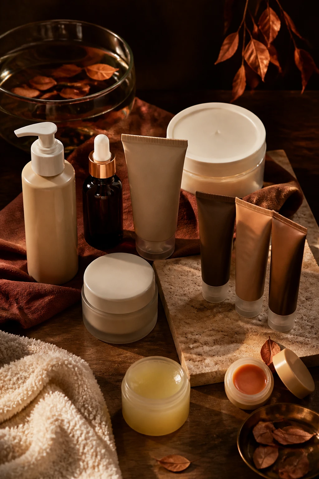 Image Prompt: A luxurious realistic DSLR flat-lay photograph of a complete fall skincare routine created for melanin-rich skin, gentle cleanser, antioxidant serum, azelaic acid treatment, ceramide moisturizer, tinted broad-spectrum sunscreen in several deep flexible shades, lip ointment, rich body cream, and small jar of petroleum jelly arranged in plain unbranded packaging on a dark walnut and travertine vanity, rust-colored linen, small copper leaves, soft cream towel, and glass bowl of water adding seasonal detail, warm golden morning light, deep chocolate, amber, cream, burgundy, and muted olive palette, highly realistic cosmetic, stone, glass, and fabric textures, premium beauty editorial photography, 50mm lens, no readable labels, no text overlay.