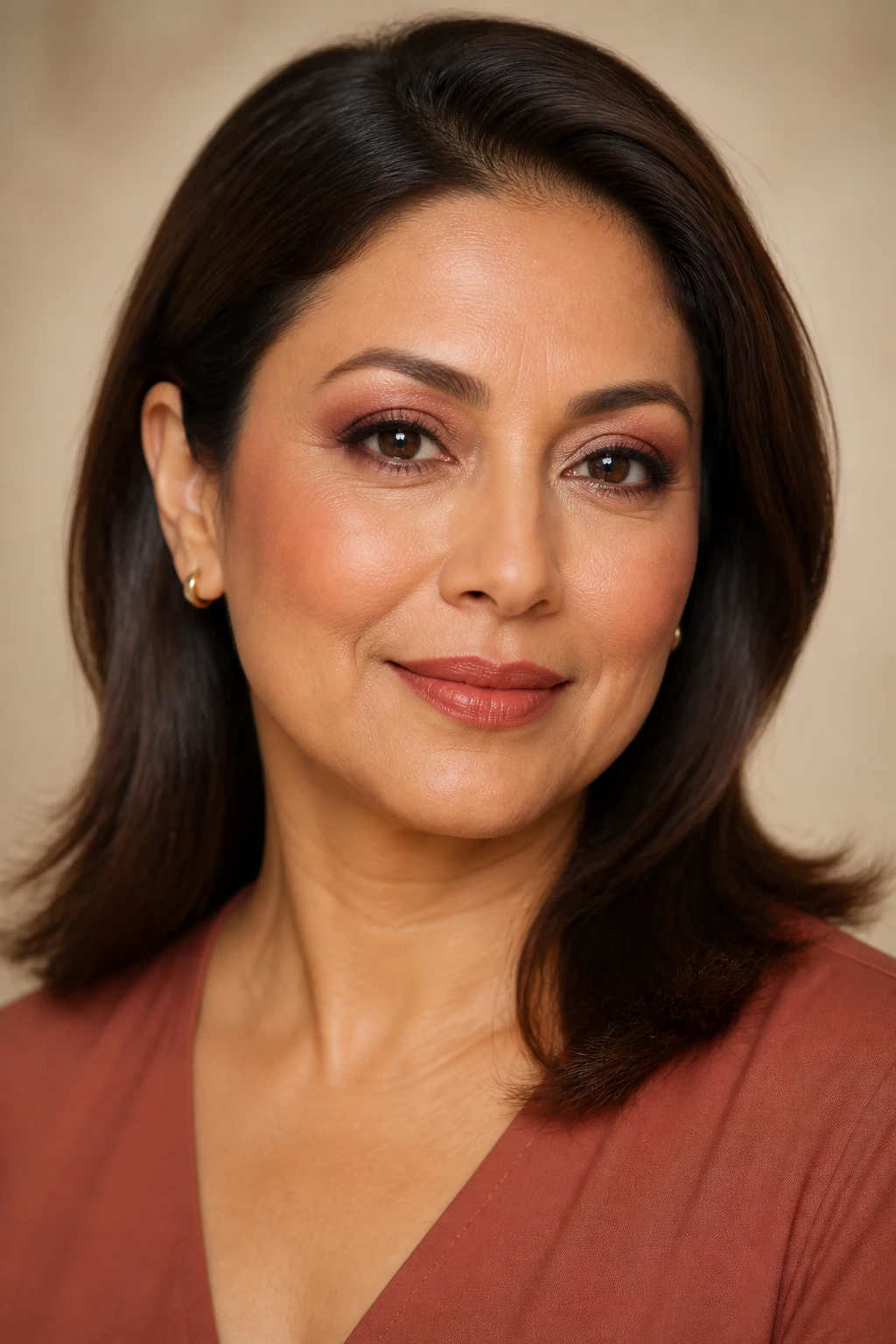 Create a single premium beauty portrait of a woman aged 42 to 49 with medium skin, golden-neutral undertones, almond-shaped dark brown eyes with mildly hooded lids, a softly rectangular face, and natural smile lines. Her dark brown hair is styled in a shoulder-length smooth blowout with a deep side part, tucked behind both ears so the eye makeup and cheeks remain visible. She wears a plain cinnamon-rose V-neck blouse.
Apply smooth rose-gold satin eyeshadow to the inner half of each mobile lid, carrying the colour slightly above the natural fold so it remains visible when the eyes are open. Blend muted rose-brown matte shadow through the crease and slightly above it. Place matte espresso shadow over the outer half of the lids and concentrate it at the outer corners, maintaining clear separation from the rose gold. Add a small pale rose-gold highlight to the inner corners. Draw a fine espresso-brown liner along the upper lashes, ending in a short lifted wing. Keep the liner thin over the hooded areas so it does not cover the metallic colour. Smudge rose-brown shadow along the outer two-thirds of the lower lash lines. Add curled, separated lashes with a few natural-looking individual lashes at the outer corners. Groom the brows softly, preserving individual hairs and natural texture.
Use lightweight satin foundation matched to the face, neck, and chest. Preserve pores, fine facial hairs, mild under-eye texture, expression lines, and natural skin variation. Apply cinnamon-rose blush from the upper apples toward the temples. Add light golden-neutral bronzer around the perimeter and beneath the cheekbones. Use a restrained rose-gold highlight on the cheekbones. Line the lips with chestnut-brown pencil and apply cinnamon nude satin lipstick, a medium warm brown with a muted rosy undertone. Keep the lip definition clean but natural, with visible lip lines.
Pose the model at a slight side angle with both eyes visible and her gaze into the camera. Her face should fill around 72 percent of the image. Capture the portrait with a full-frame mirrorless camera and a 100mm portrait lens using soft diffused beauty-dish lighting. Keep the rose gold, rose-brown, and espresso shades separate and accurately exposed. Use a softly blurred warm cream background.
Include accurate mature facial anatomy, aligned pupils, natural eye direction, symmetrical fine wings, individual lashes and eyebrow hairs, pores, fine facial hairs, natural lip lines, subtle facial asymmetry, believable highlights, accurate colour placement, realistic hair strands, and natural proportions.
Avoid waxy skin, removed expression lines, excessive smoothing, chunky glitter, muddy rose gold and espresso, thick liner hiding the lids, disappearing metallic colour, distorted pupils, crossed eyes, duplicate lashes, block brows, oversized lips, foundation mismatch, harsh contour, metallic cheek streaks, strange teeth, distorted earrings, extra fingers, hands near the face, floating products, text, logos, watermarks, collages, and split screens.