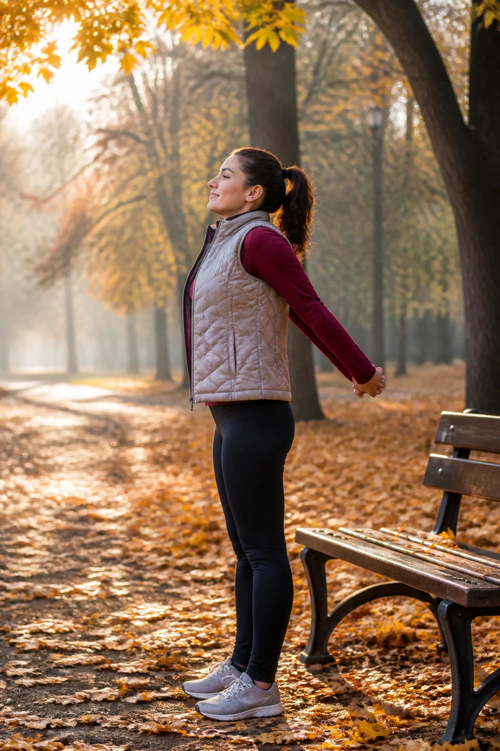 Image Prompt: A realistic outdoor wellness photograph of a woman practicing confident posture during a fall morning walk in a quiet park, shoulders relaxed, spine naturally upright and arms swinging comfortably, wearing a fitted burgundy long-sleeve top, black leggings, light quilted vest and supportive sneakers, pausing near a wooden bench to complete a gentle chest-opening stretch, golden leaves scattered across the path, soft early sunlight and light mist, natural athletic body proportions, DSLR editorial photography, 70mm lens, no logos, no text.