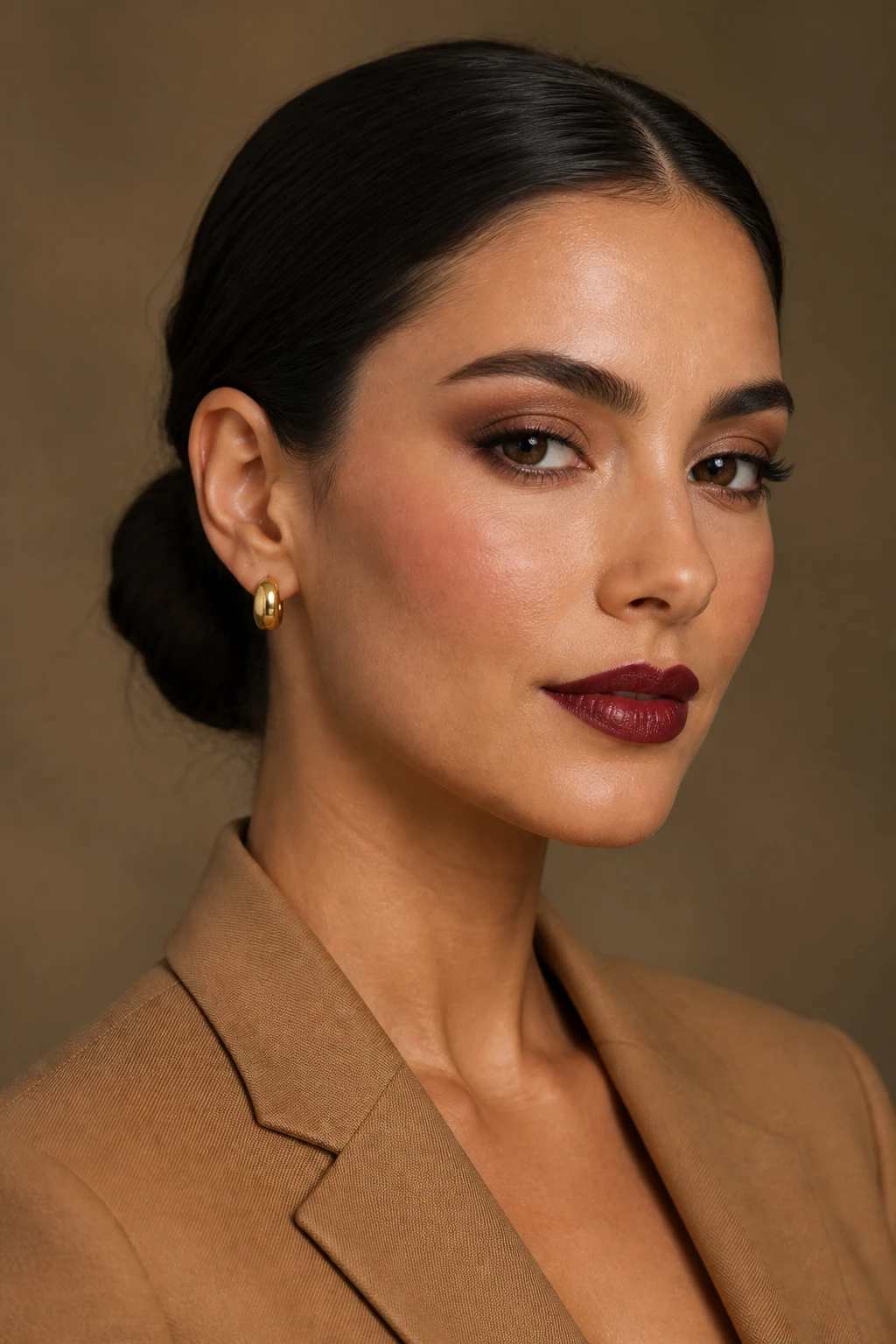 Image Prompt: A high-resolution editorial beauty portrait of a woman wearing an elegant signature fall makeup look, softly blended cinnamon-brown eyeshadow with a subtle bronze satin lid, fine chocolate eyeliner close to the lashes, separated mascara, muted rose blush placed high on the cheeks, softly defined brows and a rich berry-brown satin lipstick, smooth but realistic skin texture, dark brown hair styled into a polished low bun, tailored camel blazer and small gold earrings, softly blurred warm neutral studio background, professional DSLR beauty photography, 100mm lens, balanced color grading, no exaggerated contouring, no text.