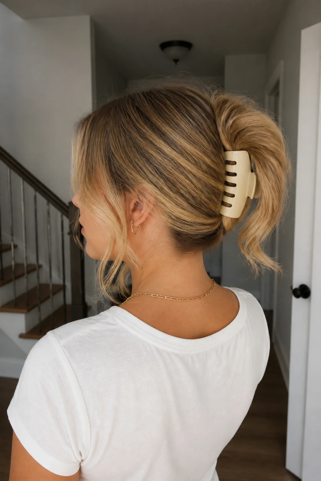 Image Prompt:
A realistic beauty photo of a woman with medium-length sandy blonde hair styled into a soft ponytail fold with a wide cream claw clip, hair gathered at the back and folded upward with ends falling loosely over the clip, loose waves and face-framing strands, casual white tee, gold chain necklace, relaxed home hallway background, natural light, clean everyday hairstyle inspiration, DSLR photo, no text, (no watermarks on images)