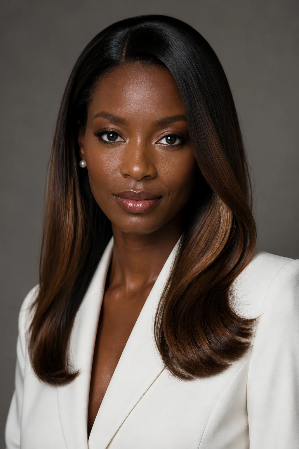 A realistic editorial portrait of a Black woman with rich dark skin and long smooth brunette hair, black espresso base with an amber-brown veil of color over the outer layers, soft amber ribbons placed from mid-lengths to ends, dark roots untouched, straight hair with a slight inward bend, glossy natural finish, ivory blazer, pearl studs, warm gray studio background, soft lighting, realistic shine and individual hair strands.