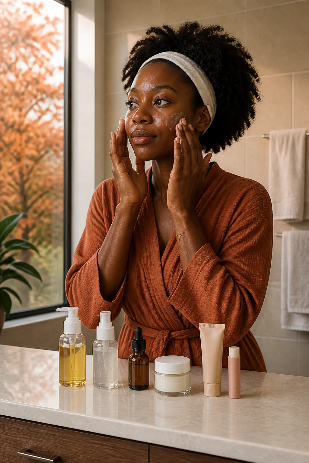Image Prompt: A realistic DSLR beauty photograph of a Black woman with rich deep-brown skin completing a fall morning skincare routine in a softly lit modern bathroom, natural bare skin with visible pores, subtle tonal variation, and a healthy satin finish, dense natural curls held back with a wide cream headband, woman wearing a muted rust robe while applying moisturizer to slightly damp cheeks, gentle cleanser, vitamin C serum, ceramide moisturizer, tinted sunscreen, and lip balm arranged in the correct order on a pale stone vanity, copper trees visible through the window, warm diffused morning light, cream tile and walnut cabinetry, highly realistic skin, hair, and product textures, premium skincare editorial photography, 85mm lens, no airbrushing, no product branding, no text.
