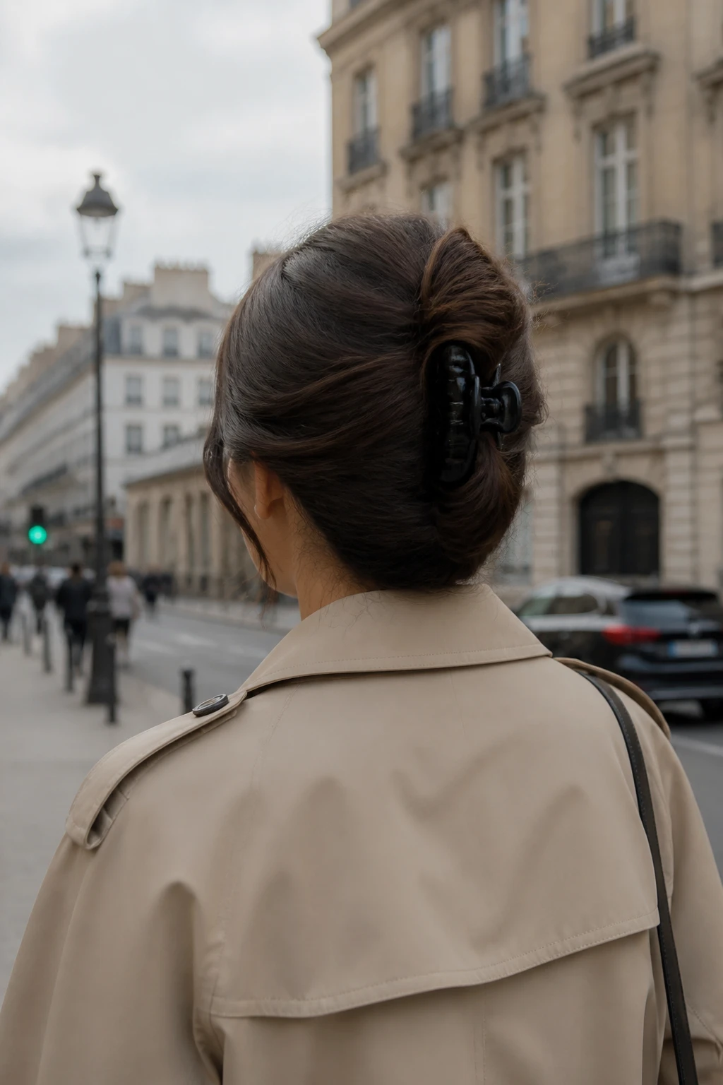 Image Prompt:
A realistic back-view hairstyle photo of a woman with medium-length dark brown hair styled into a soft banana twist secured vertically with a medium black claw clip, hair twisted upward with a few ends peeking out, beige trench coat, outdoor city street background, cloudy daylight, stylish everyday hairstyle inspiration, high-resolution DSLR photo, no text, (no watermarks on images)