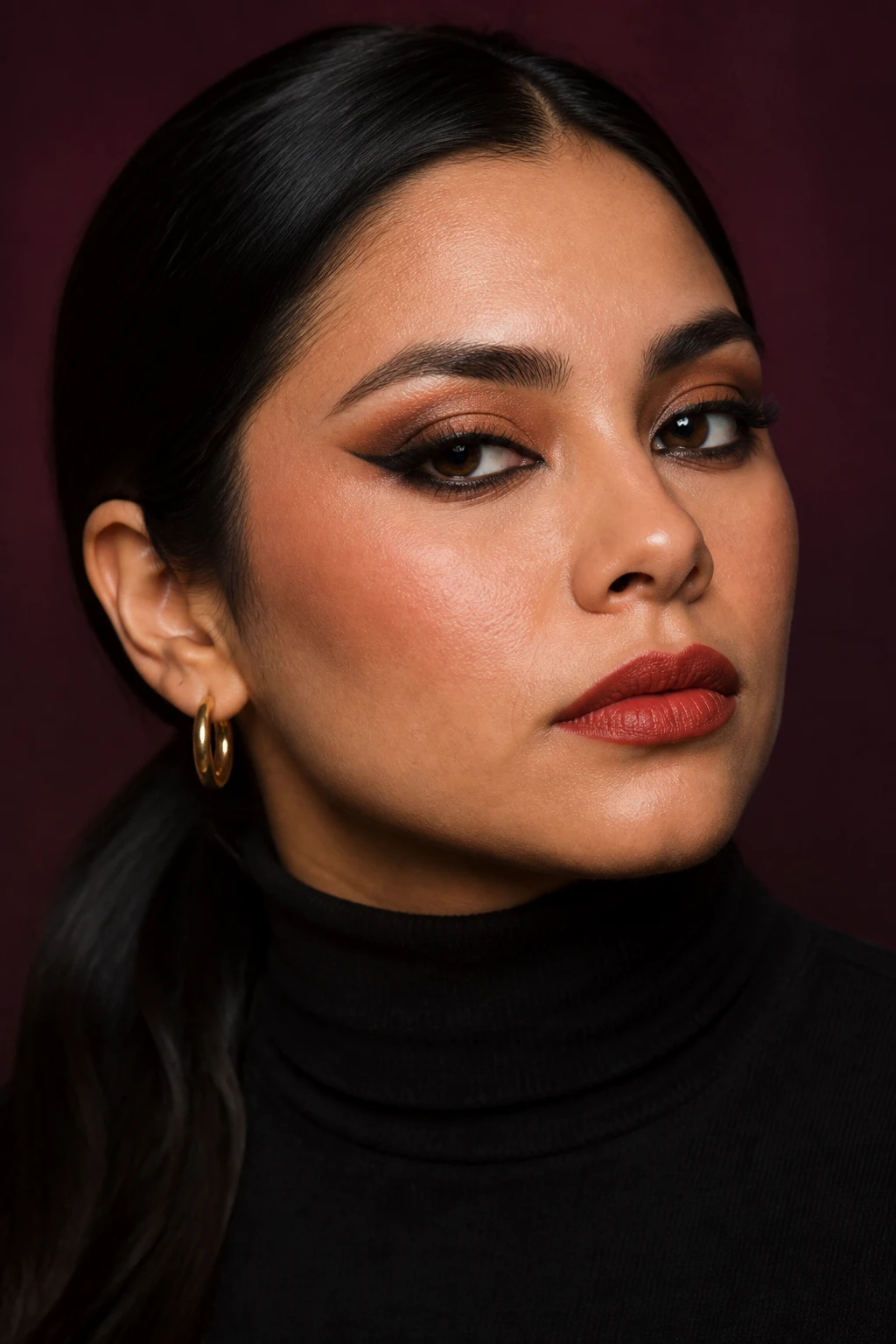 Image Prompt: A realistic close-up beauty portrait of a Latina woman wearing a dramatic but wearable fall eyeliner look, elongated black-brown wing extending toward the brow with a soft feathered edge, inner corner lightly sharpened, lower lash line subtly smoked, matte skin with natural texture, cinnamon blush, and satin brick-red lips, thick dark hair styled in a smooth side-parted ponytail, woman wearing a black turtleneck with gold earrings, deep plum studio background, directional soft light emphasizing the eyes, premium runway-inspired DSLR makeup photography, 100mm lens, no excessive retouching, no logos, no text, no watermarks on images.