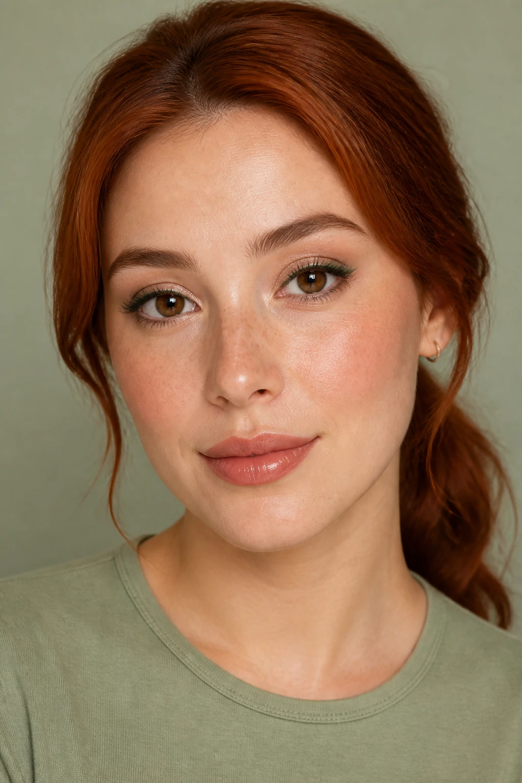 Image Prompt
Create one authentic professional beauty photograph of a woman aged approximately 23 to 29 with light skin, warm peach undertones, visible soft freckles, round dark brown eyes, and a softly heart-shaped face. Her natural auburn hair has loose waves and is pulled into a low ponytail with a side part, leaving the eyes, brows, and cheekbones fully visible. She wears a plain muted sage crew-neck top that complements the eye makeup.
Cover the mobile eyelids with a thin, even wash of matte beige-taupe eyeshadow. Blend a slightly deeper neutral taupe through the outer crease, keeping the result airy and softly diffused. Draw a narrow moss-green eyeliner line from the inner upper lash line outward, ending in a small clean wing that follows the natural lower-lash angle. Press muted olive satin shadow directly over the central section of the moss liner so the colour catches the light without spreading across the lid. Add a pinpoint champagne-beige satin highlight to the inner corners. Smudge a small amount of taupe along only the outer third of the lower lash lines. Use brown mascara on naturally separated lashes with no heavy false-lash effect. Groom the brows with a light hand, maintaining visible auburn eyebrow hairs and a natural arch.
Use light-coverage natural-finish foundation matched accurately to the neck and upper chest. Preserve freckles, pores, fine facial hairs, and normal skin variation. Apply soft apricot blush across the upper apples of the cheeks, blending outward and slightly upward. Add very light neutral bronzer beneath the cheekbones and around the temples. Use no strong highlighter, only a subtle natural sheen on the tops of the cheeks. Define the lips with a warm caramel-beige liner and apply sheer caramel gloss, keeping natural lip texture and moderate shine.
Frame the model front-facing with a slight turn of the shoulders, direct eye contact, a relaxed closed-mouth expression, and both eyes clearly visible. Her face should fill roughly 70 percent of the frame. Capture the image with a full-frame DSLR and a 100mm macro portrait lens. Use large window-style lighting with soft frontal fill, sharp focus on the moss liner, lashes, brown irises, freckles, and glossy lips. Choose a softly blurred pale sage background with accurate professional colour.
Request correctly aligned pupils, natural eye direction, accurate facial anatomy, symmetrical liner where intended, individual eyelash and eyebrow hairs, natural pores, fine facial hairs, natural lip lines, subtle facial asymmetry, realistic hair strands, and believable highlights.
Avoid waxy skin, heavy retouching, muddy green liner, overly bright emerald colour, disappearing eye makeup, thick uneven wings, distorted pupils, crossed eyes, duplicate lashes, square brows, enlarged lips, mismatched foundation, orange bronzer, contour stripes, metallic cheek streaks, strange teeth, distorted jewellery, extra fingers, hands covering the face, floating products, text, logos, watermarks, collages, and split screens.