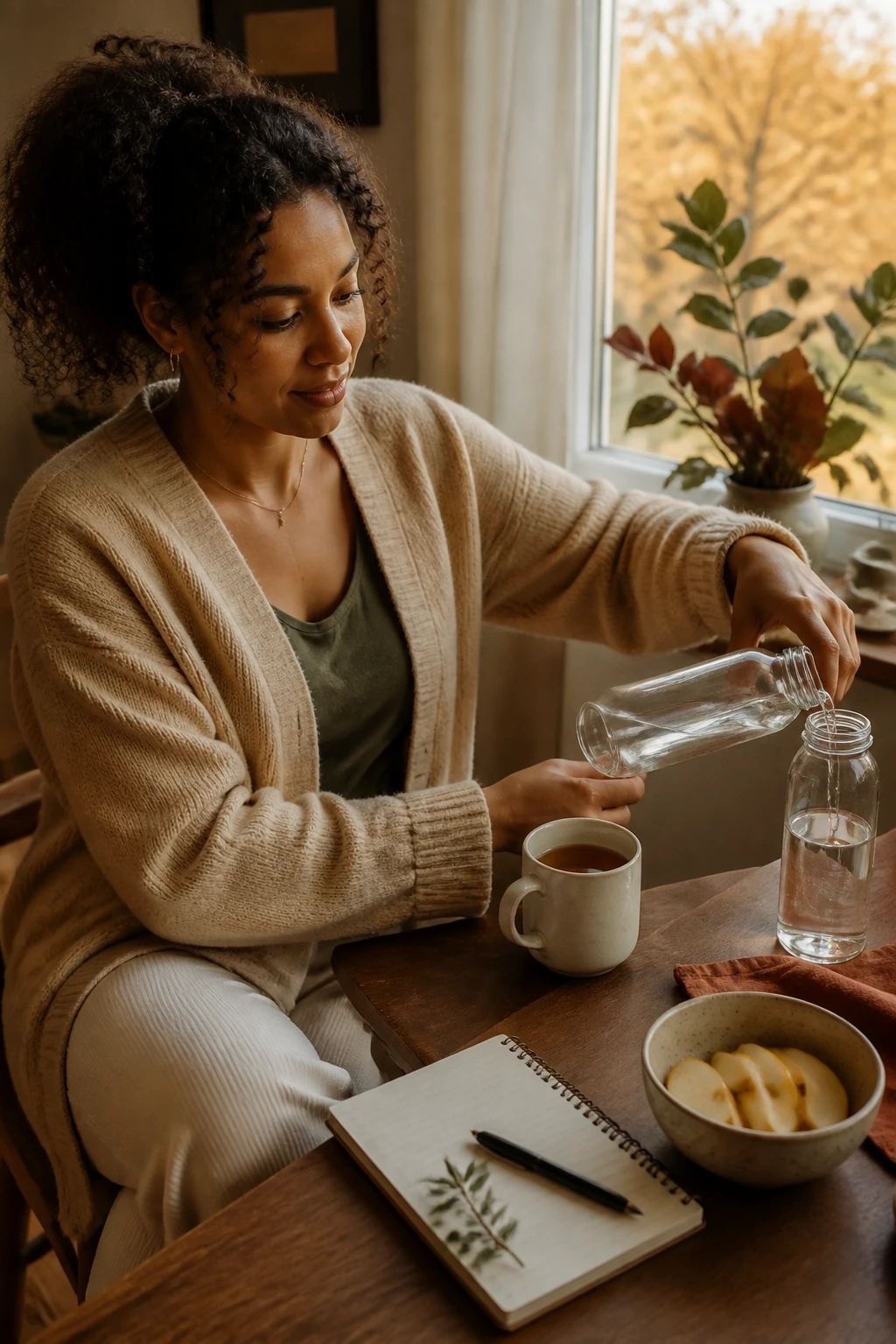 Image Prompt: A realistic lifestyle photograph of a Black woman with warm medium-brown skin sitting at a tidy wooden desk during a cool fall morning, filling a reusable glass water bottle beside a ceramic mug of herbal tea, wearing an oatmeal cardigan over comfortable lounge clothing, bowl of sliced pears and notebook nearby, golden trees visible through a softly blurred window, warm natural side lighting, cream, caramel, olive and rust color palette, realistic skin and fabric texture, DSLR wellness editorial photography, 50mm lens, no logos, no text.