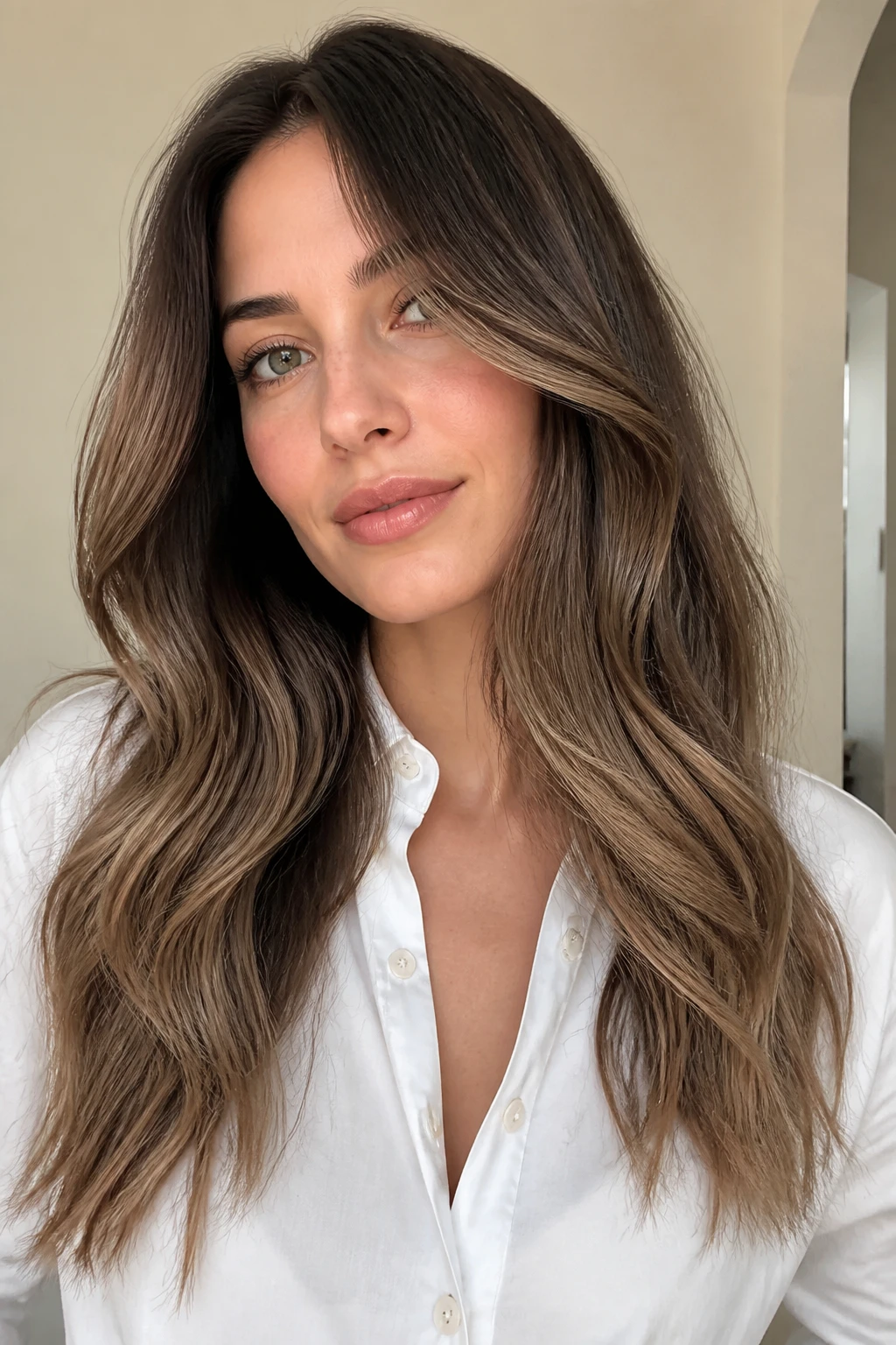 A realistic beauty portrait of a woman with fair skin and long layered hair, mocha mousse brunette color melt, deep cocoa roots melting into soft creamy mocha mid-lengths, beige-brown ends, smooth blowout waves, face-framing layers, natural shine, white button-down shirt, warm cream wall, soft daylight, realistic hair strands, seamless blended color transition.