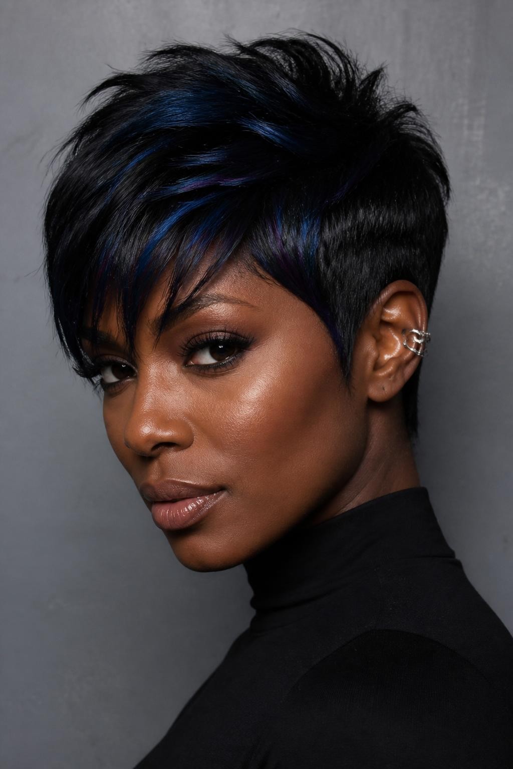 A realistic editorial portrait of a Black woman with deep brown skin wearing a short layered pixie, soft black base color, very narrow sapphire, midnight-blue, and blue-violet micro-ribbons placed through the upper crown and one side of the fringe, natural black roots fully retained, vivid color visible only as small flashes between dark layers, tapered black sides and nape, no large blue panels or pastel denim tones, natural lifted texture, silver ear cuff, black high-neck top, cool gray studio wall, controlled side lighting, realistic jewel-toned pigment and skin detail.