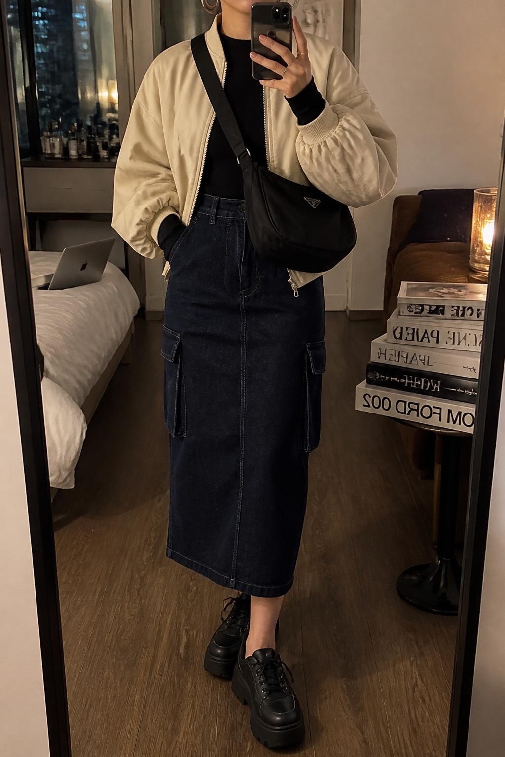 mirror selfie of a woman wearing the exact outfit described above, clearly showing a dark denim cargo midi skirt, cream bomber jacket layered over a fitted black long-sleeve top, black platform sneakers, a black nylon crossbody bag, and silver hoop earrings, holding a phone in front of a mirror, cropped at NECK so the face does not show, with a relaxed casual selfie pose, in a stylish city apartment, warm moody lighting, with a laptop or tablet on the bed and a stack of fashion magazines on a side table, latest iPhone photo quality.